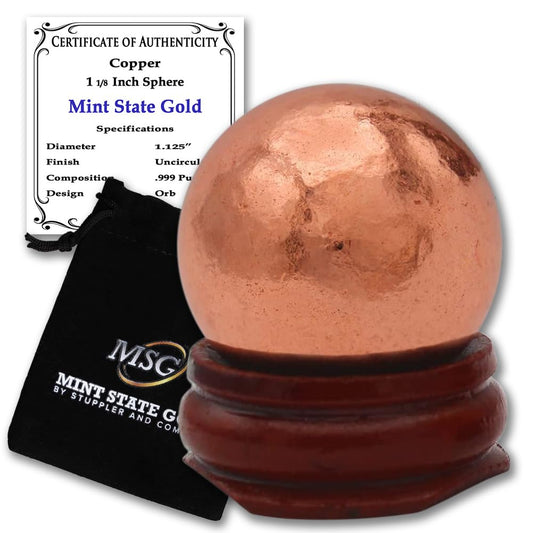 Copper Ball Paperweight with Wooden Base | 2" (50.8 mm - 1.29 lb) 99.9% Pure Solid Sphere with Certificate of Authenticity by Mint State Gold