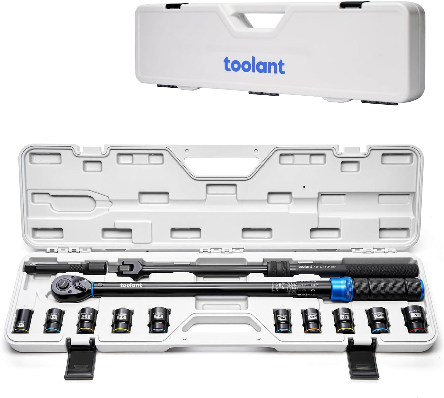 toolant 13PCS 1/2 Inch Click Torque Wrench Set, Gift for Men, 25-250 FT.-LB/33.9-339.0 Nm, With Breaker Bar & 5-Inch-Extension & 10 Sockets, Tire Repair Tool Set