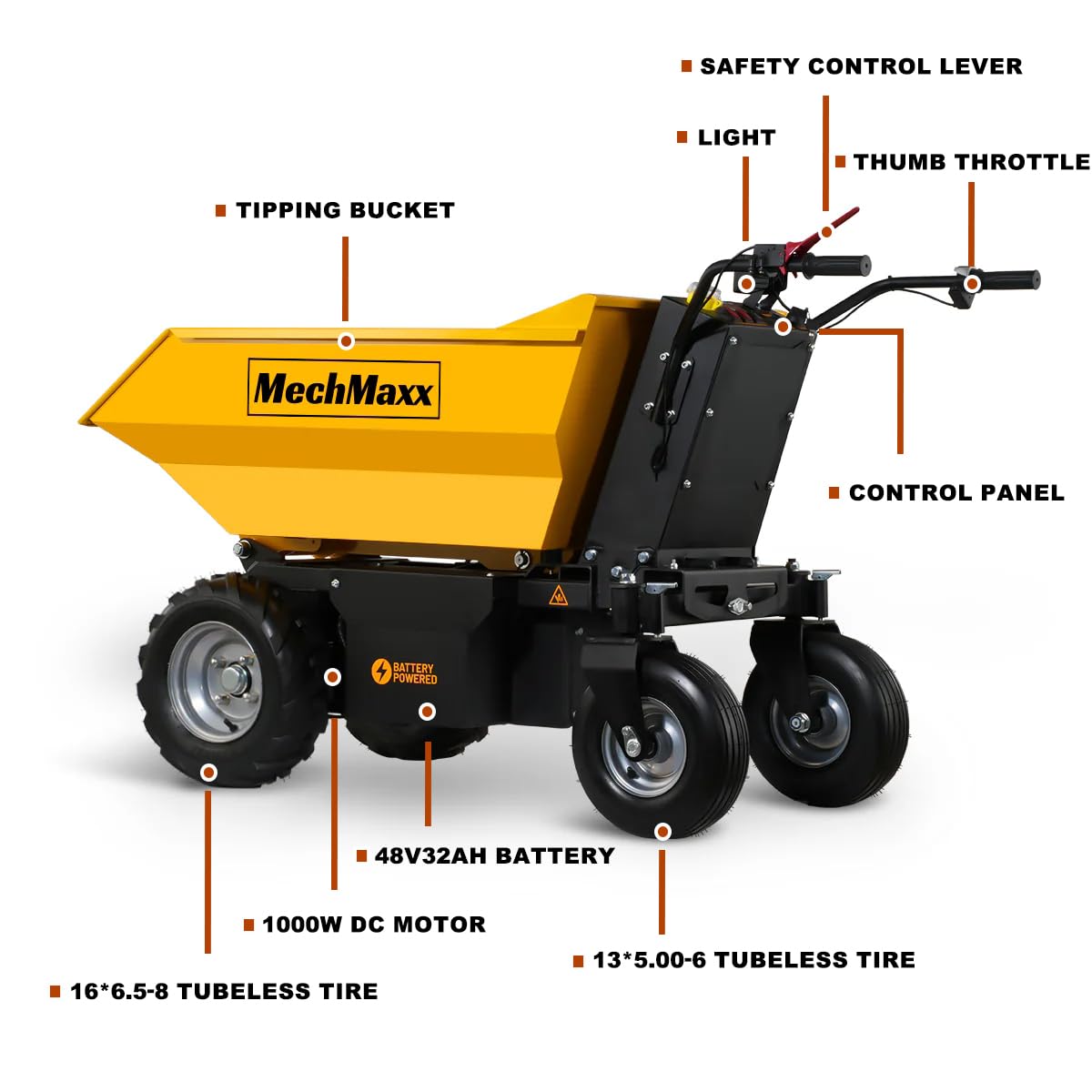 MechMaxx 1100Lb Loading 48V Battery Powered Wheel Barrow Electric Dumper Cart with 30W Light, Hydraulic Tipping, 1000W Brushless DC Motor, LED Display Screen, Model EH50 Yellow