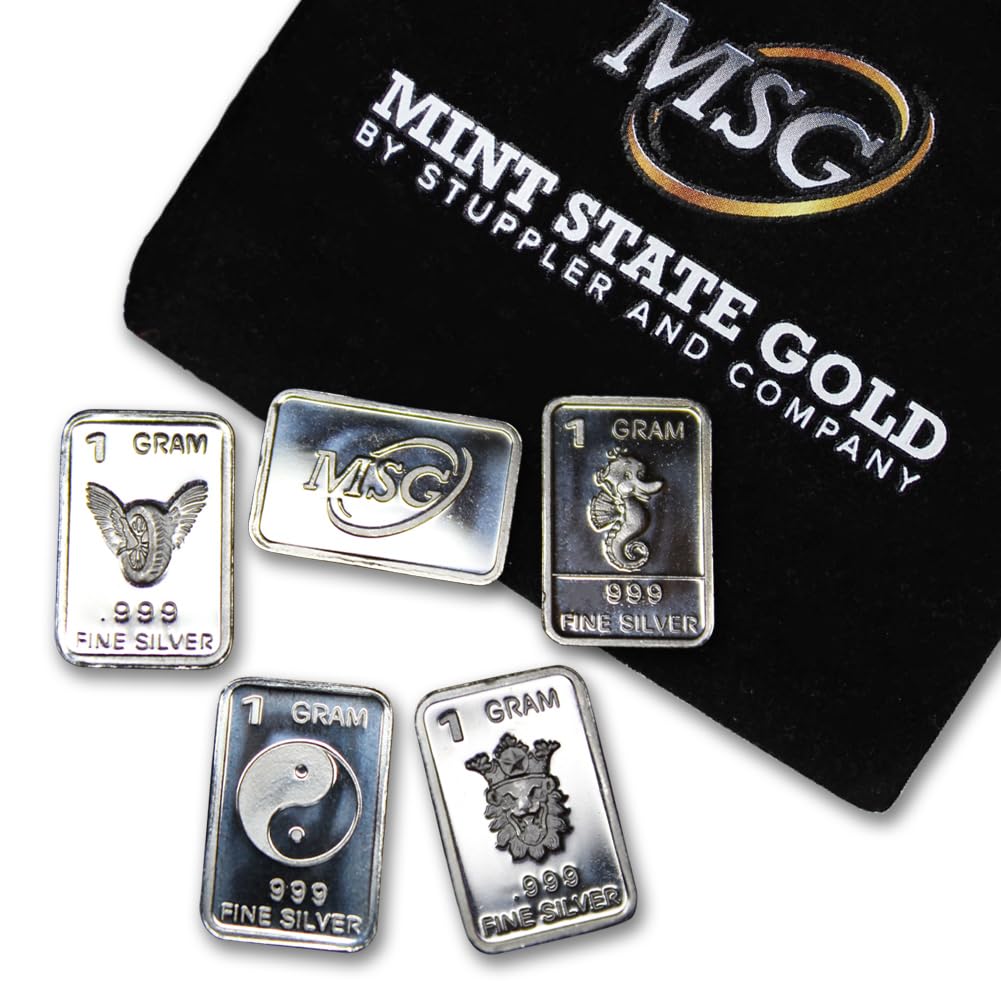 Ten (10) One Gram .999 Pure Silver Bars with Random Designs in a Jewelry Pouch by Mint State Gold