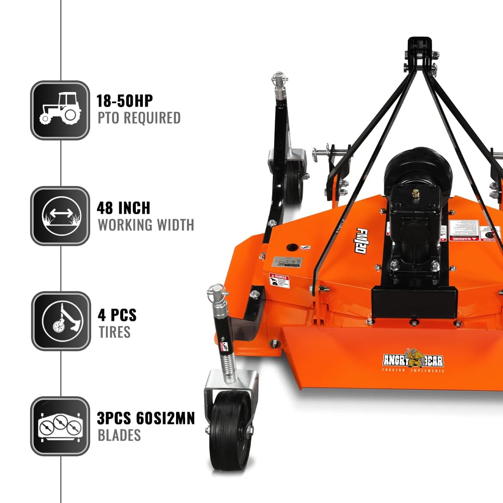 3 Point PTO 60'' Working Width Finish Mower Attachment for 18-50hp Tractor, Category 1 Hitch, 4-Tires, 0.4'' - 4.5'' Adjustable Cutting Height, Model FM150