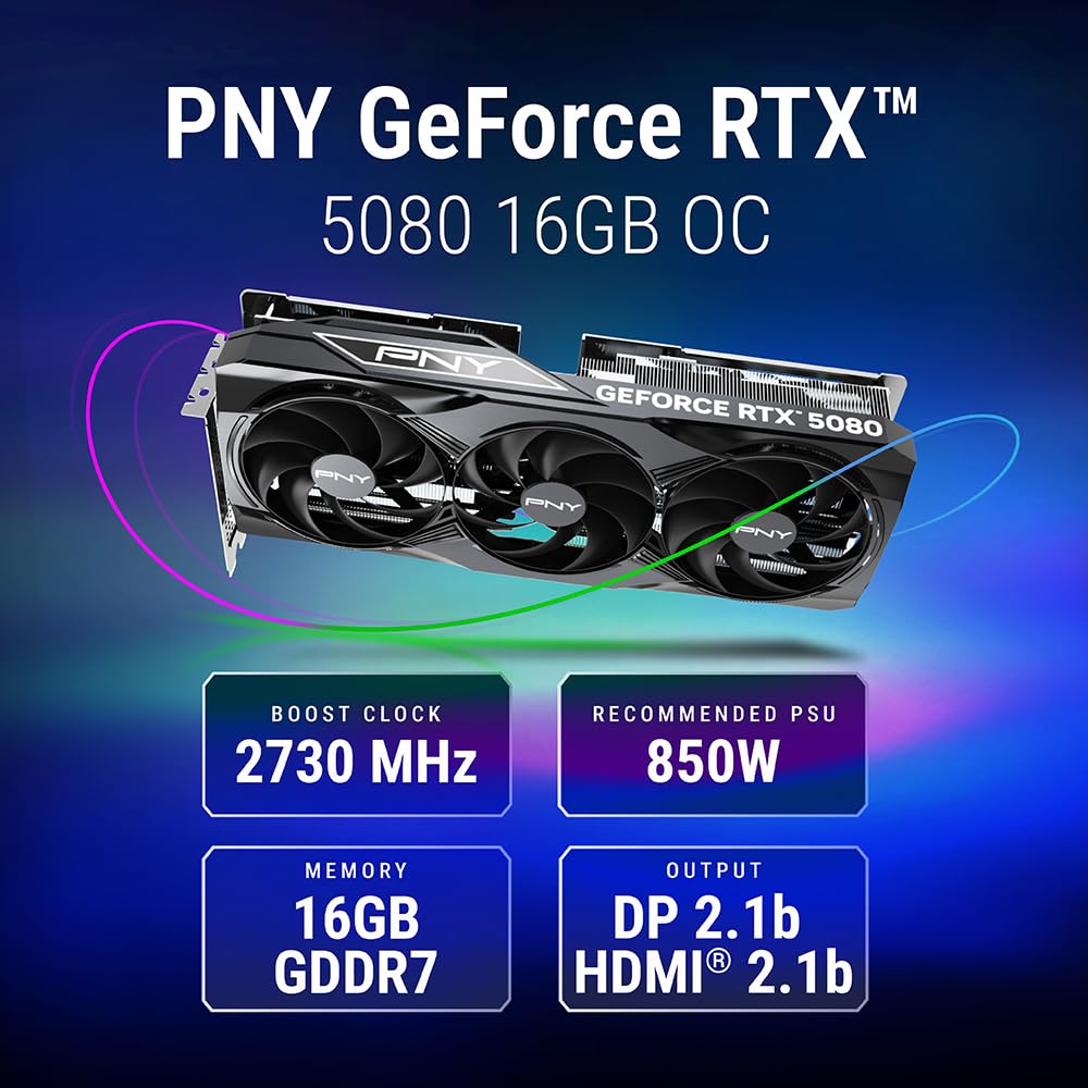 PNY NVIDIA GeForce RTX™ 5080 OC Triple Fan, Graphics Card (16GB GDDR7, 256-bit, Boost Speed: 2730 MHz, PCIe® 5.0, HDMI®/DP 2.1, 2.99-Slot, NVIDIA Blackwell Architecture, DLSS 4)
