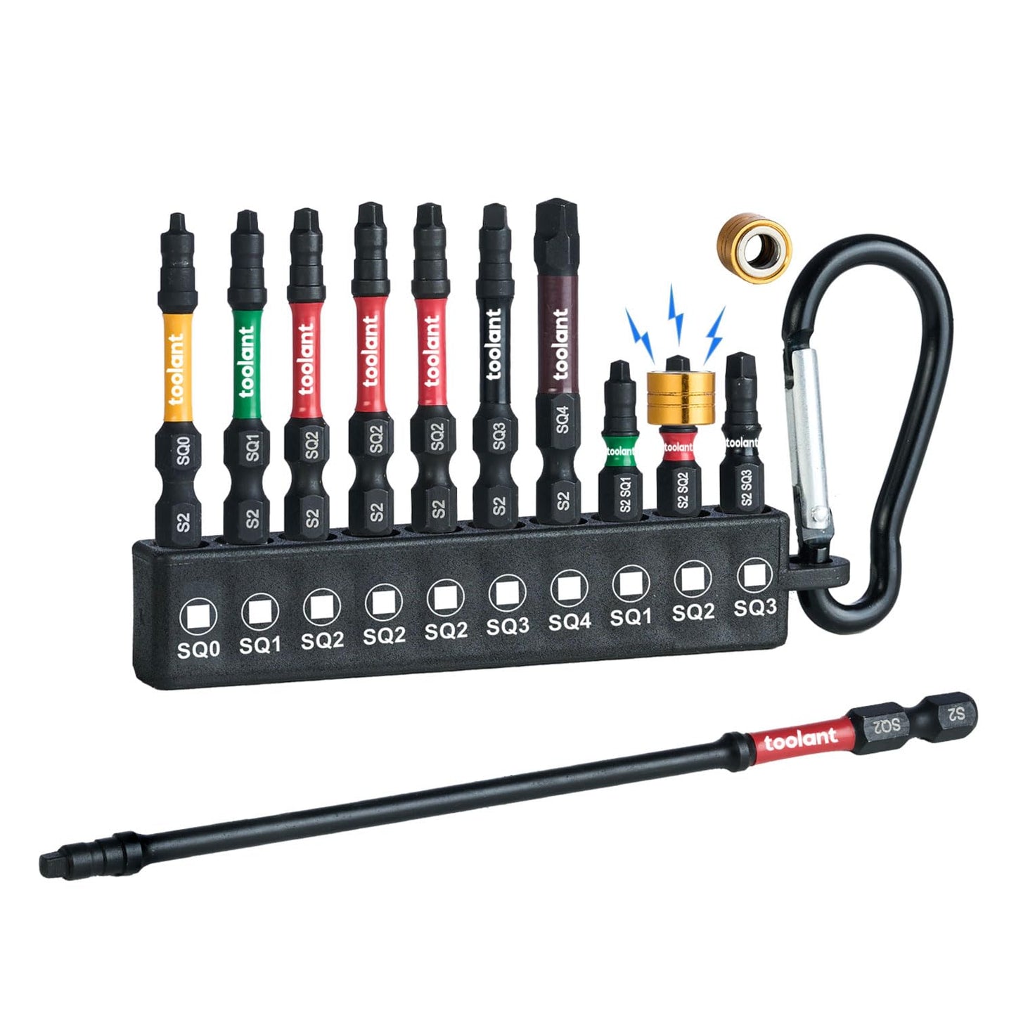 toolant Square Drive Bit Set, Square Impact Driver bits S2 Steel, Robertson Driver Bits Magnetic CNC Tips, Square 2 Impact Bit 1/4" Hex-Shank with Storage Box, 10pcs SQ2 2" Long