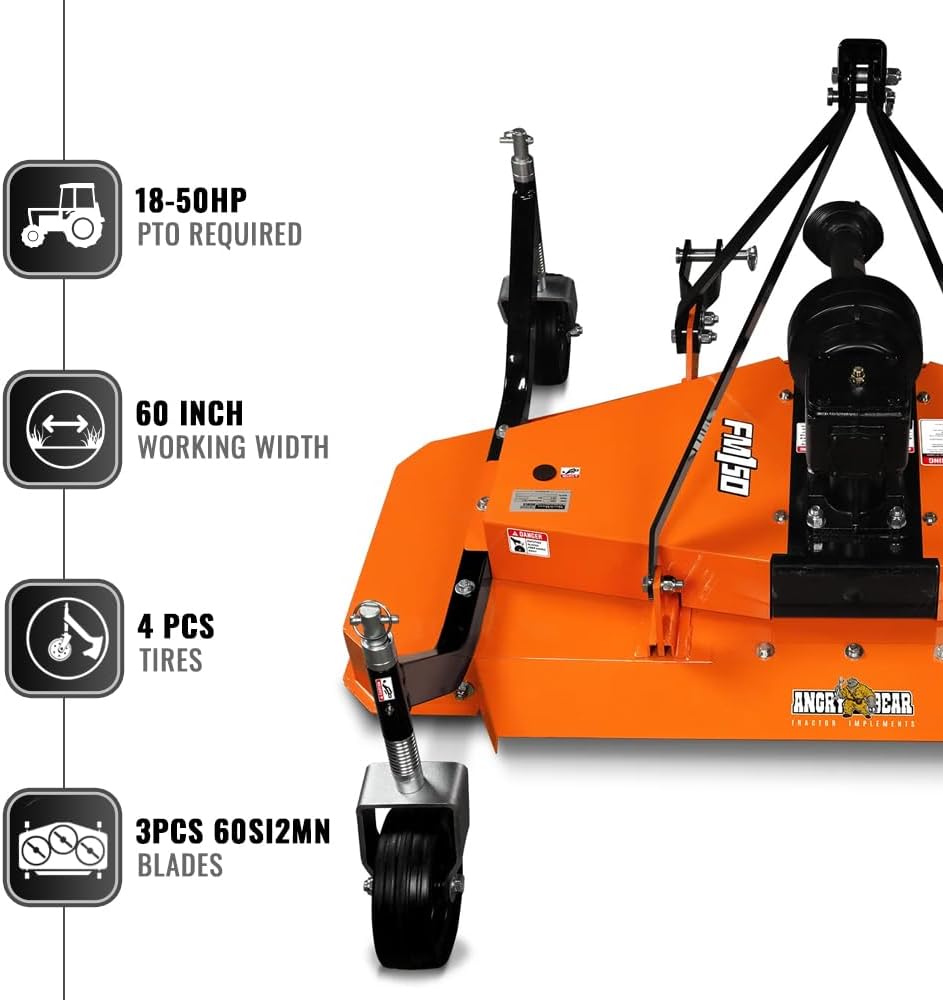 3 Point PTO 60'' Working Width Finish Mower Attachment for 18-50hp Tractor, Category 1 Hitch, 4-Tires, 0.4'' - 4.5'' Adjustable Cutting Height, Model FM150