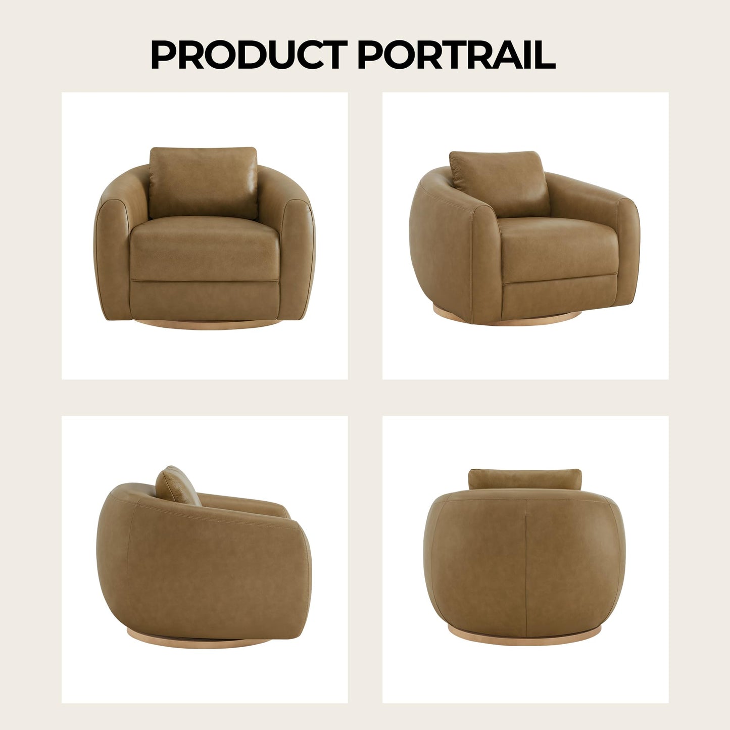 CHITA Genuine Leather Swivel Accent Chair, FSC Certified Mid Century Modern Arm Chair with Wood Base for Living Room and Bedroom, Fully Assembled, Sand