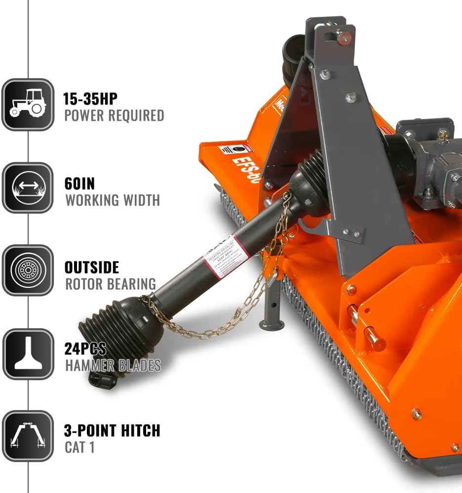 60'' inch PTO Powered 3 Point Standard Duty Flail Mower for 15-35hp Tractor, NOT Suitable for Quick Hitch, Model EFS60