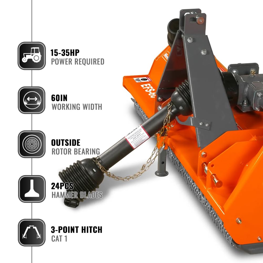 MechMaxx 60'' inch PTO Powered 3 Point Standard Duty Flail Mower for 15-35hp Tractor, NOT Suitable for Quick Hitch, Model EFS60 Orange