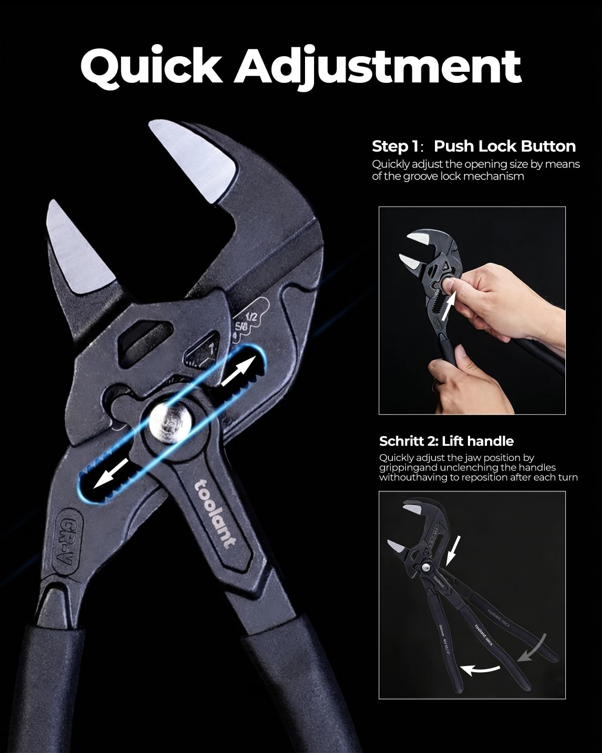toolant 7-Inch Pliers Wrench – 10:1 Lever Ratio CR-V Steel, Smooth Parallel Jaws, Push-Button Quick Adjust, Zinc Phosphate Finish, with Belt Pouch – for Plumbing, Automotive & DIY