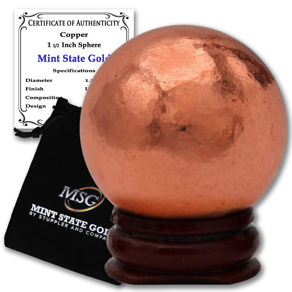 Copper Ball Paperweight with Wooden Base | 2" (50.8 mm - 1.29 lb) 99.9% Pure Solid Sphere with Certificate of Authenticity by Mint State Gold