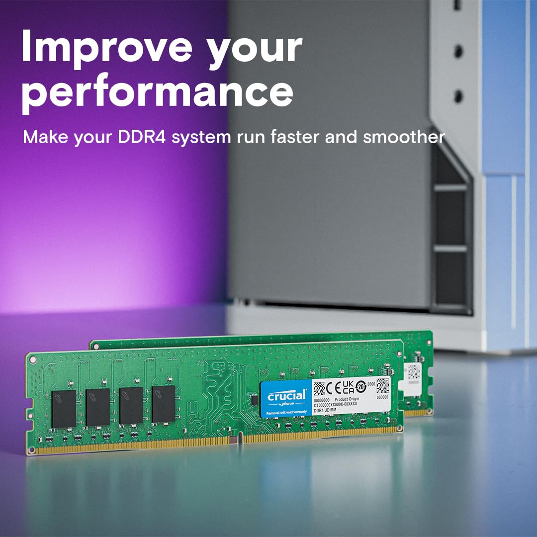 Crucial 32GB DDR4 RAM Kit (2x16GB), 3200MHz (PC4-25600) CL22 Desktop Memory, UDIMM 288-Pin, Downclockable to 2933/2666MHz, Compatible with Intel and AMD Ryzen - CT2K16G4DFRA32A