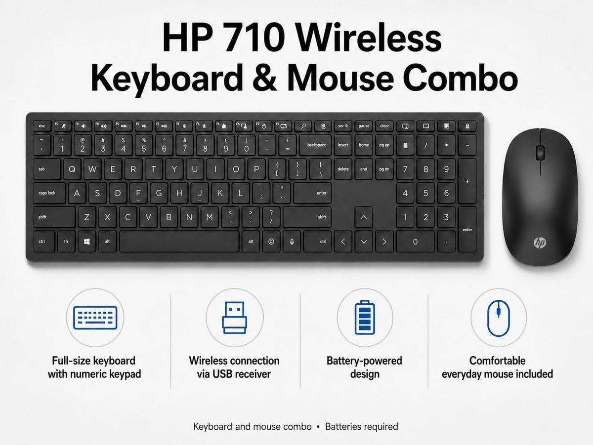 HP 710 Wireless Keyboard and Mouse Combo, Slim Design with Silent Keys, 2.4GHz Lag-Free Connection, Multi-OS Compatible (Windows, Mac, Chrome) Black