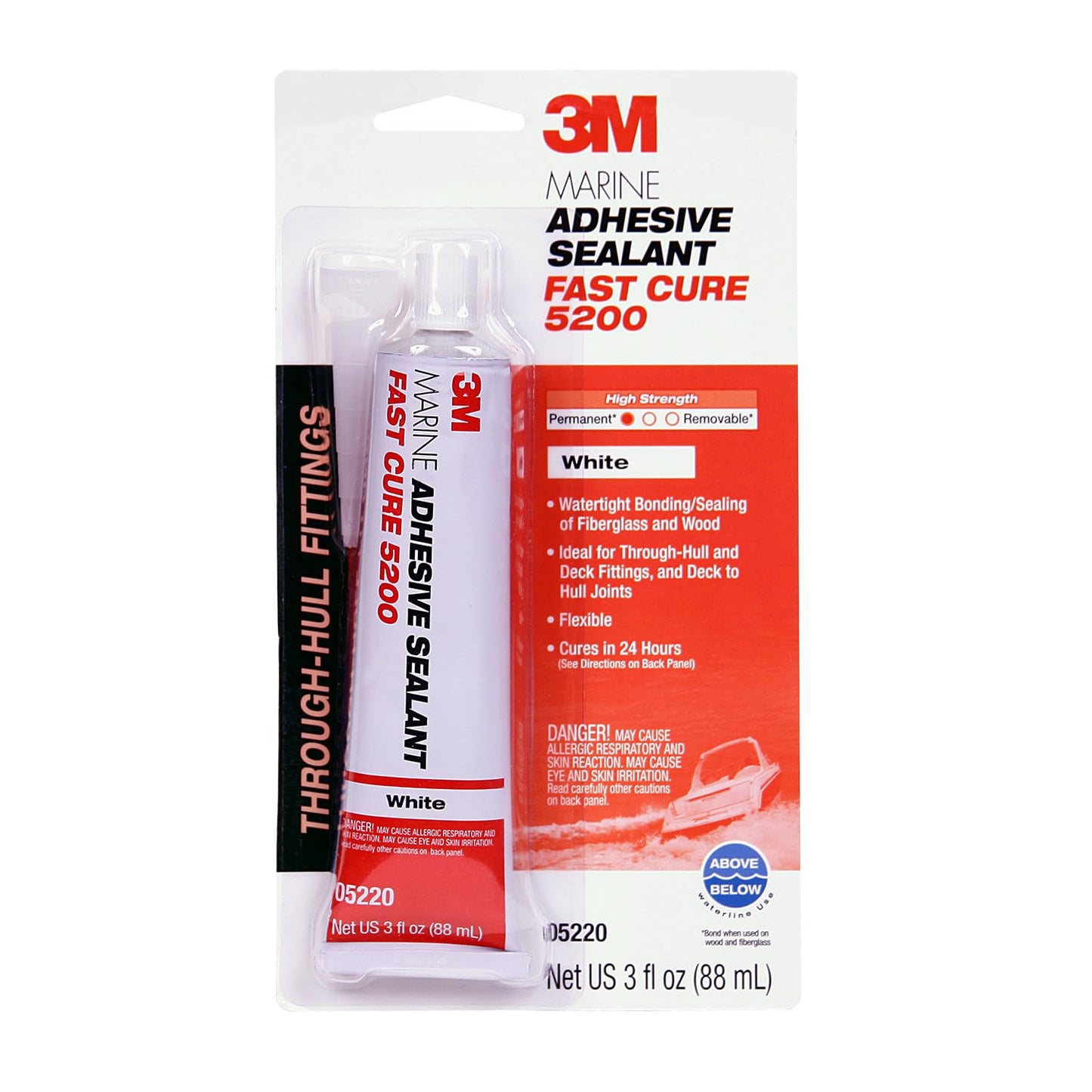 3M Marine Adhesive Sealant 5200FC Fast Cure, White, Flexible Bonds, Water-Resistant, 10 fl oz (295 mL) Cartridge with Nozzle, 1 Each