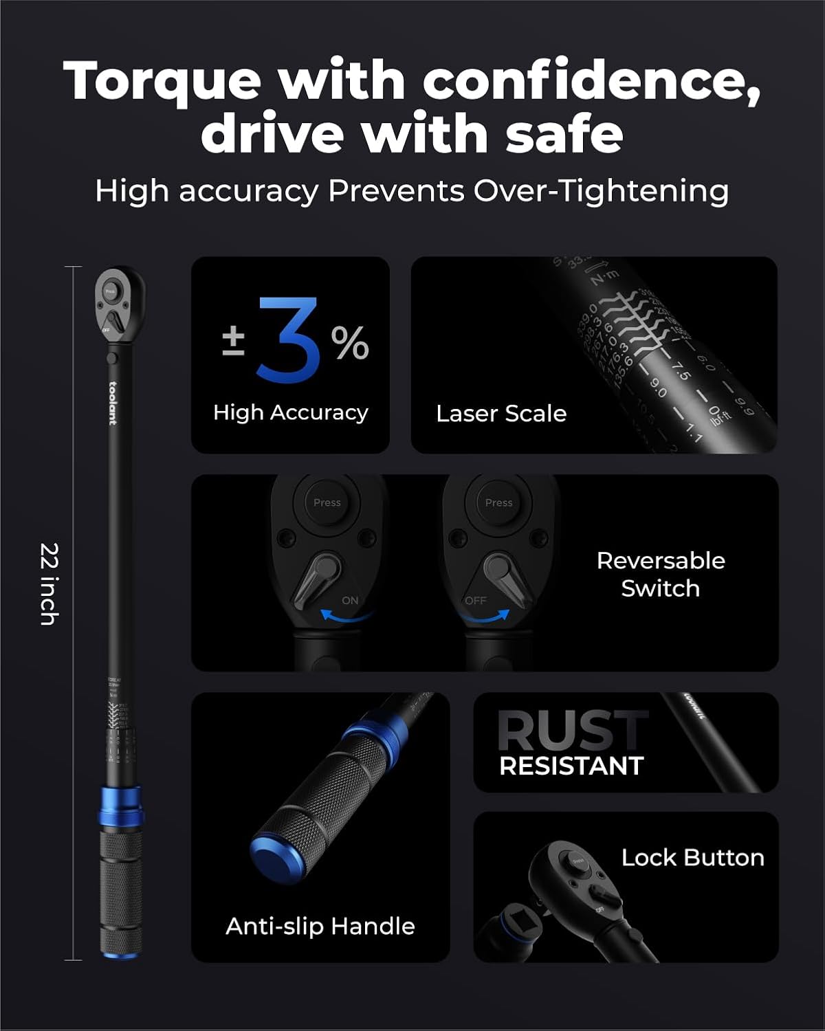 toolant 13PCS 1/2 Inch Click Torque Wrench Set, Gift for Men, 25-250 FT.-LB/33.9-339.0 Nm, With Breaker Bar & 5-Inch-Extension & 10 Sockets, Tire Repair Tool Set