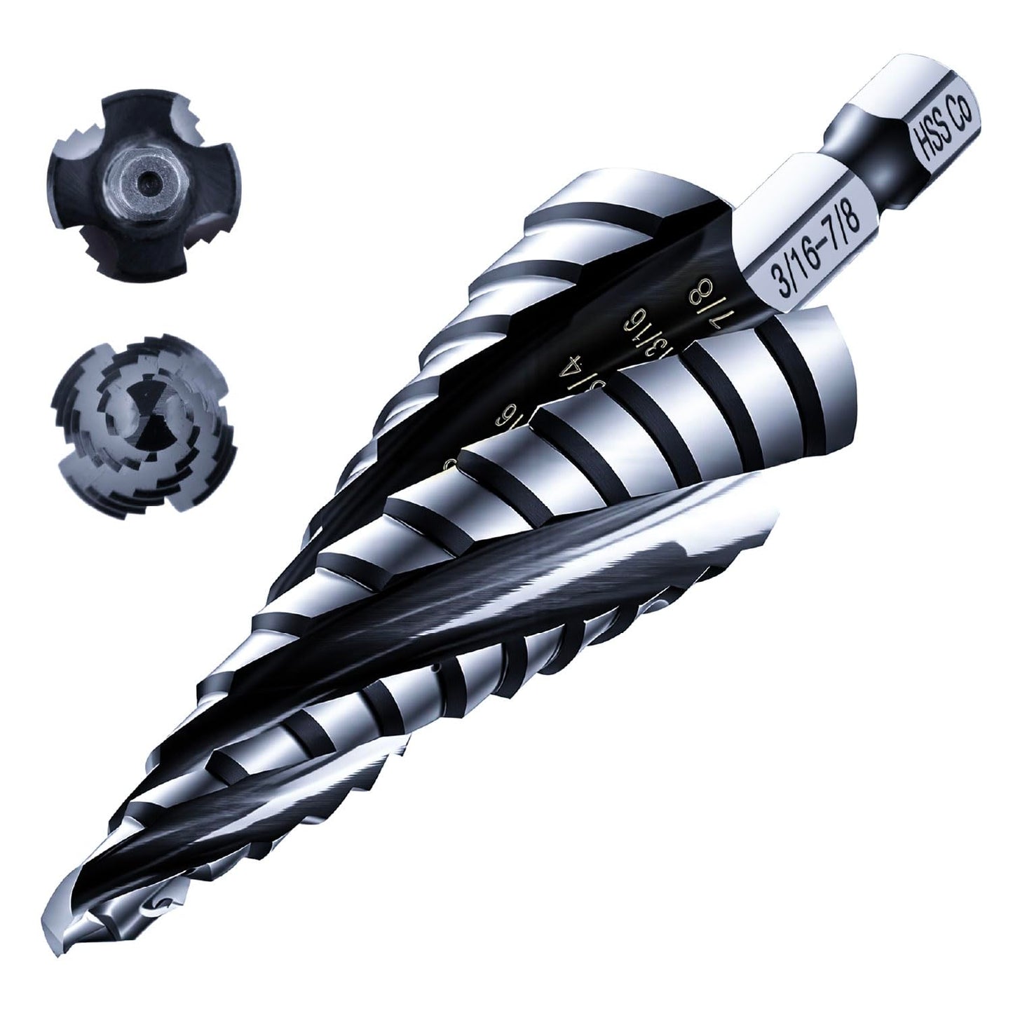 toolant Four Spiral Flute Cobalt Step Drill Bit(Pro), 1/4"-3/4" Impact Ready Unibit Step Drill Bit, 1/4" Hex Shank Step Bits for Metal, Stainless Steel, Aluminum, Plastic