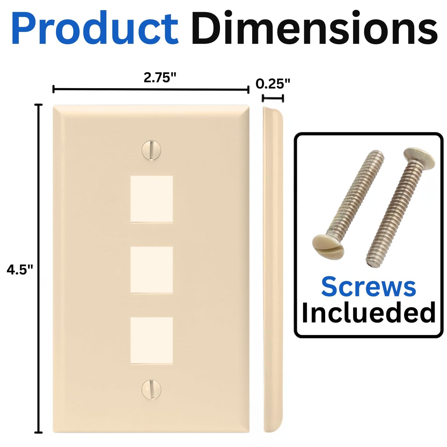 Cmple - 3 Port Keystone Wall Plate Single-Gang Wall Plate with Standard Size Keystone Jack Insert - White