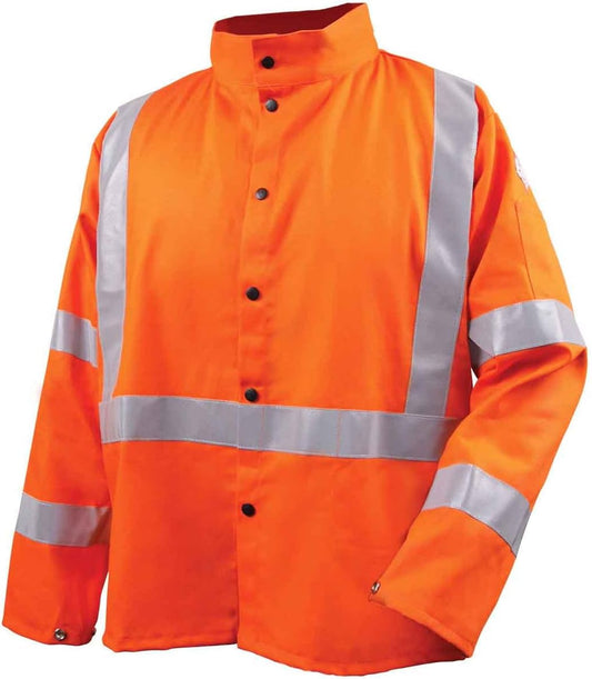 Black Stallion (JF1012) Safety Welding Jacket, 9 oz Flame Resistant Cotton, 2" Silver Reflective Tape, Welder's Collar