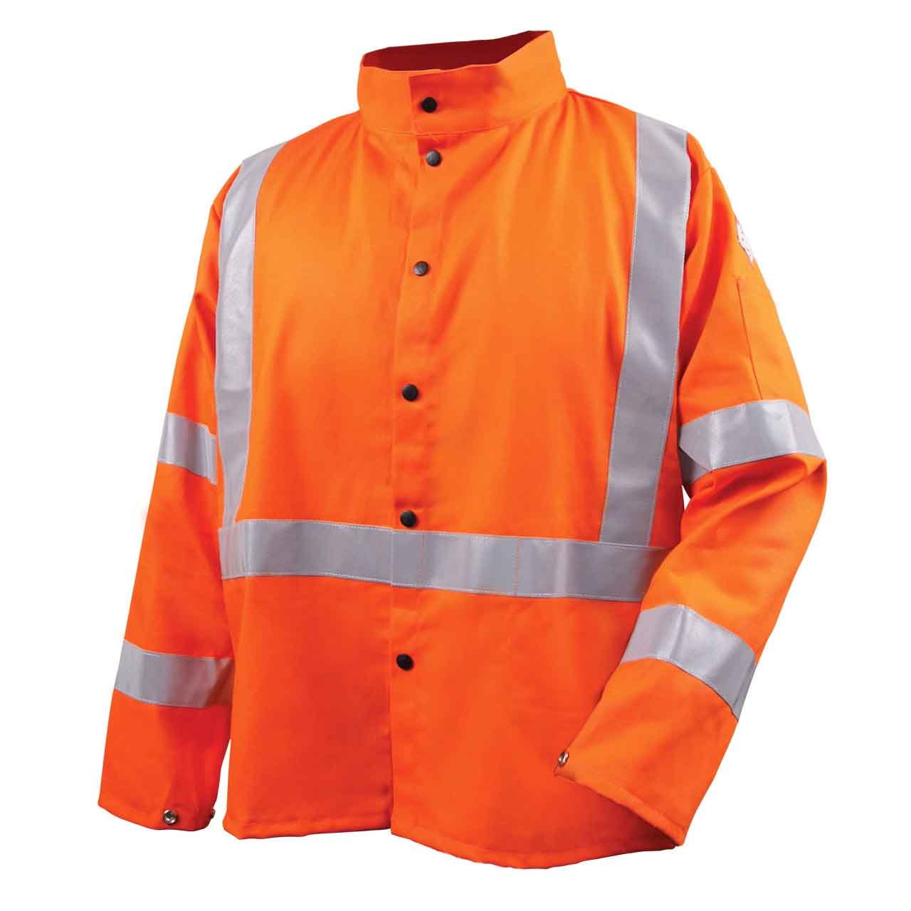 Black Stallion (JF1012) Safety Welding Jacket, 9 oz Flame Resistant Cotton, 2" Silver Reflective Tape, Welder's Collar