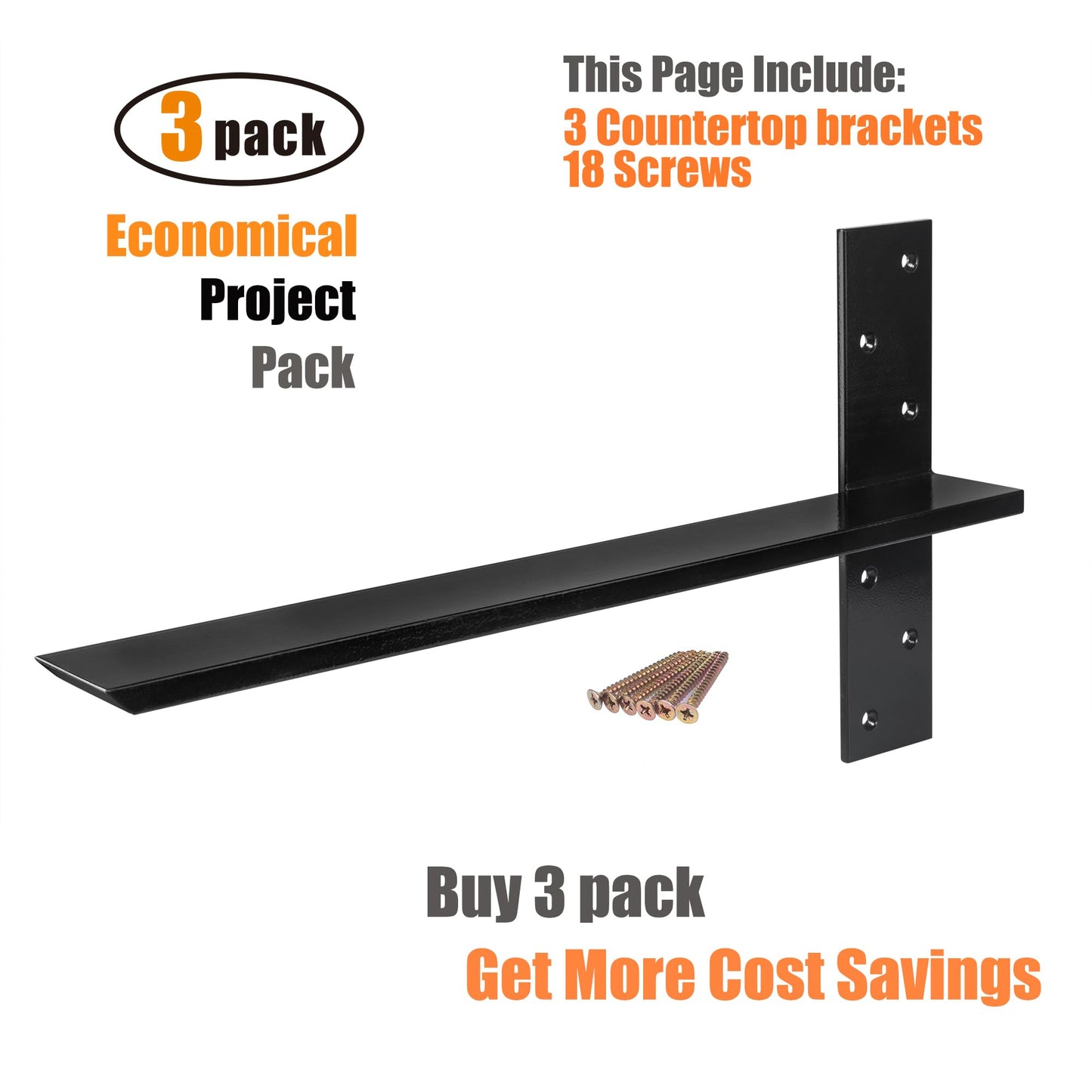 (3-Pack) Free Hanging T Shelf Bracket, Solid Heavy Duty Steel Knee Wall Hidden Granite Countertop Support Floating Bracket Hardware, Universal ,3 Count,18 Inch , DIY Projects , Screws Included