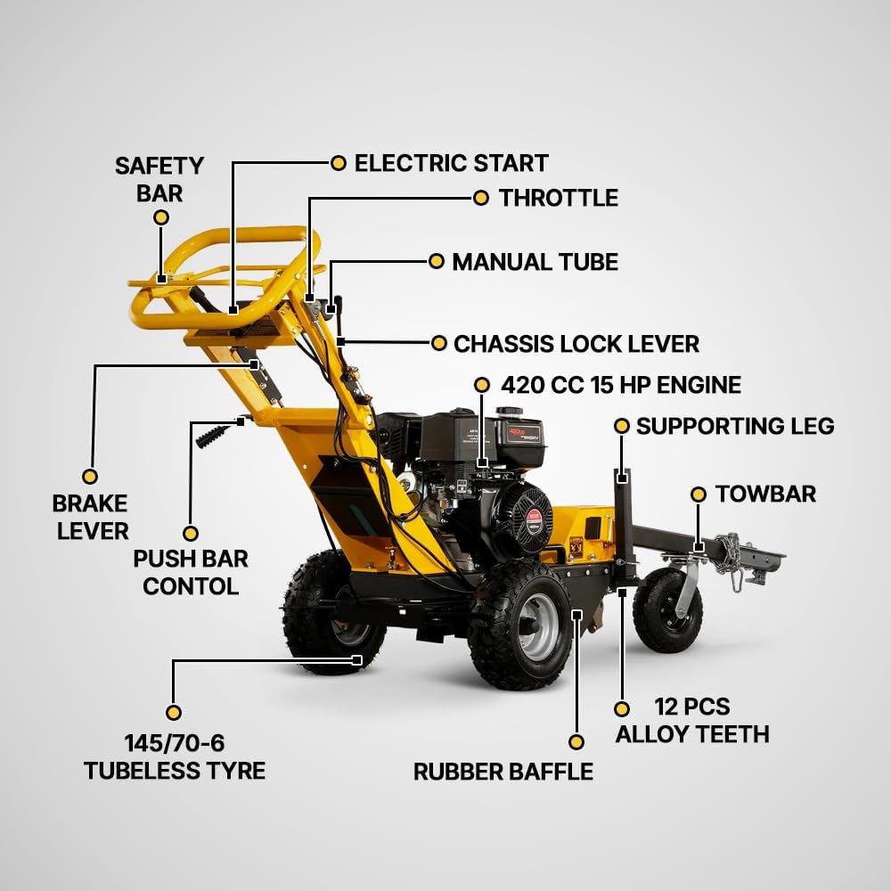 MechMaxx E-Start Stump Grinder With Front Wheel Towbar,420cc 15HP Engine