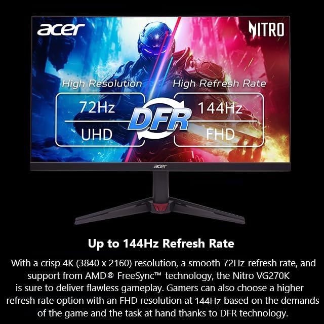 acer Nitro 27” 4K UHD 3840 x 2160 Gaming IPS Monitor | AMD FreeSync | Up to 72Hz Refresh Rate with DFR to FHD 144Hz | Up to 0.5ms | 1 x Display Port 1.4 & 2 x HDMI 2.0 Ports | VG270K L1bmiipx