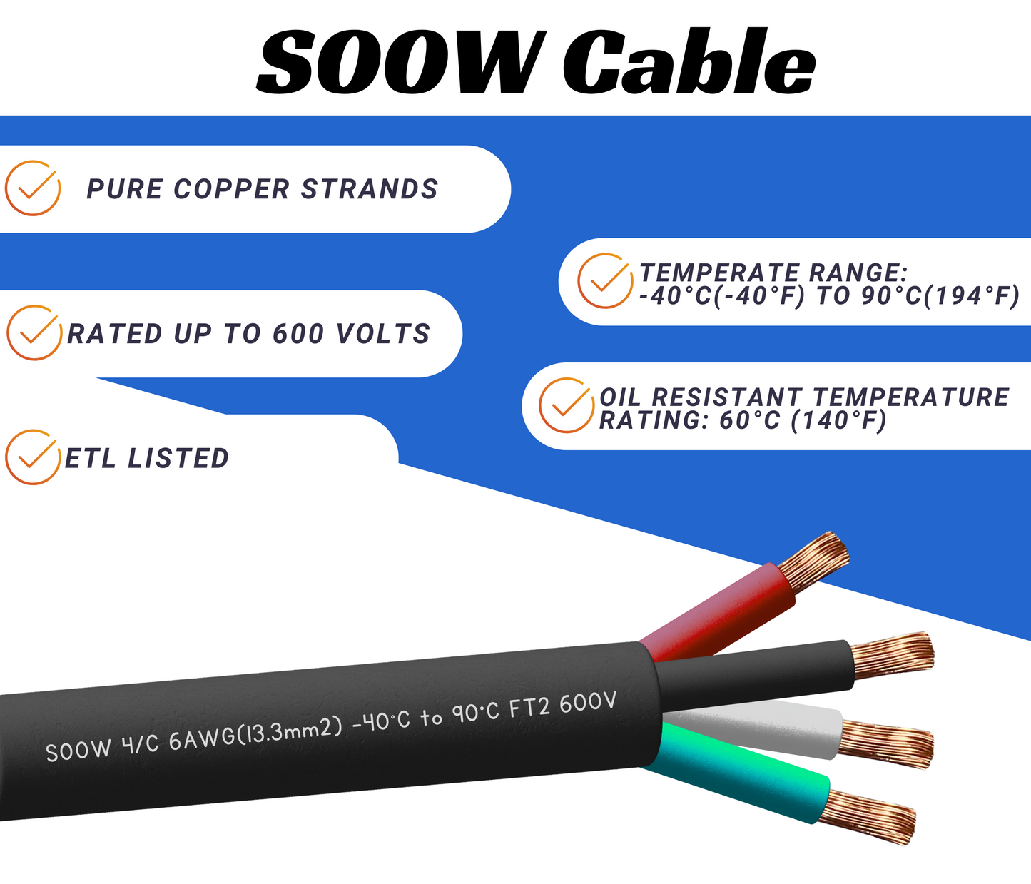 6/4 SOOW Cable Cord Wire - 6 Gauge 6 AWG 4 Conductor 600V Portable Power Extension Cord Cable with Ultra Flexible Insulation Jacket