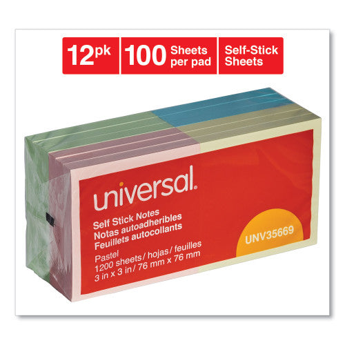 Universal Self-Stick Note Pads, 3" x 3", Assorted Pastel Colors, 100 Sheets/Pad, 12 Pads/Pack (UNV35669)