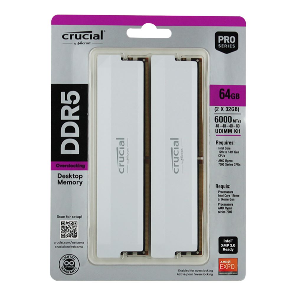 Crucial Pro 64GB (2x32GB) DDR5-6000 Desktop Memory Kit CL40 Dual Channel - White | CP2K32G60C40U5W