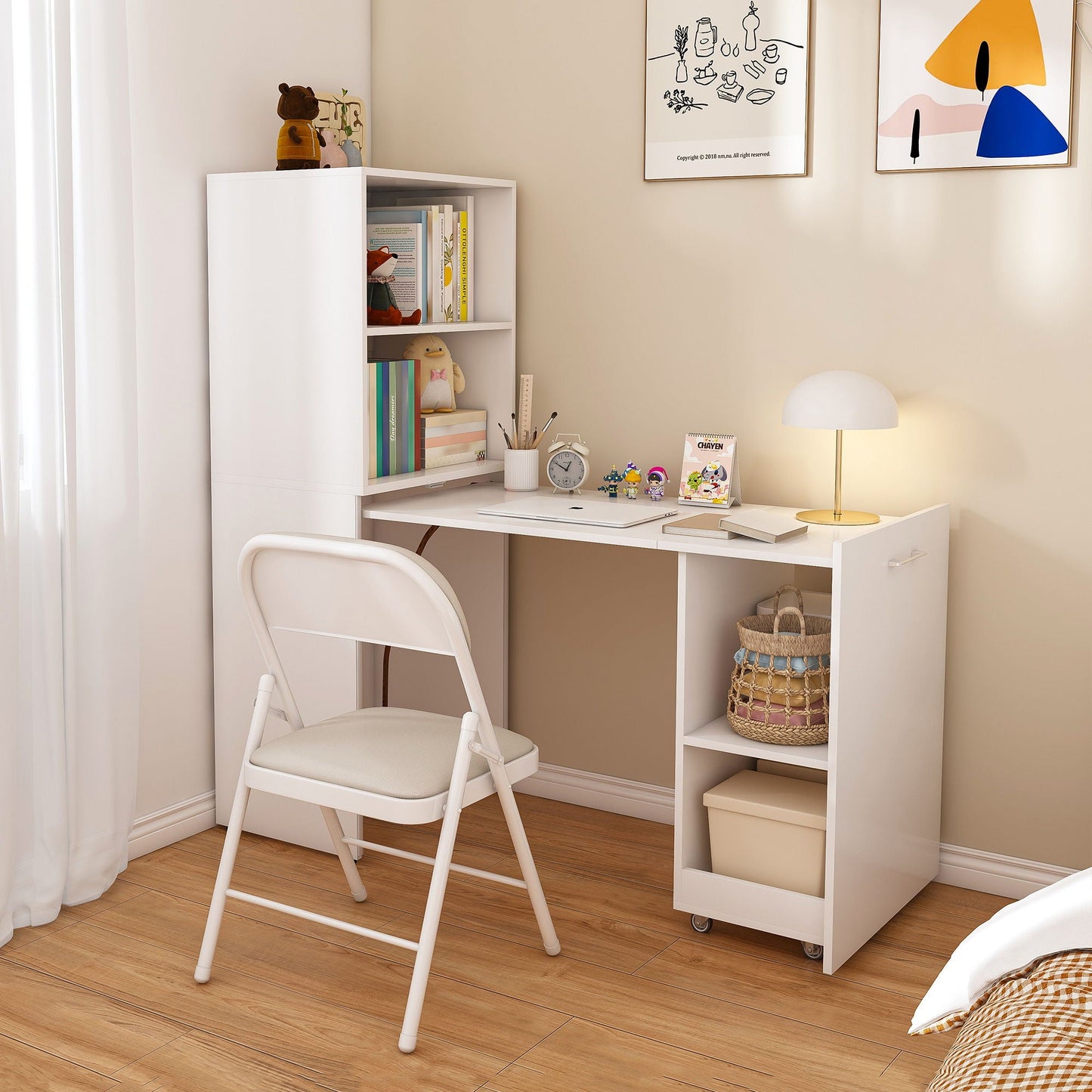 Stretchable Office Desk With Storage Shelves And Mobile Wheels