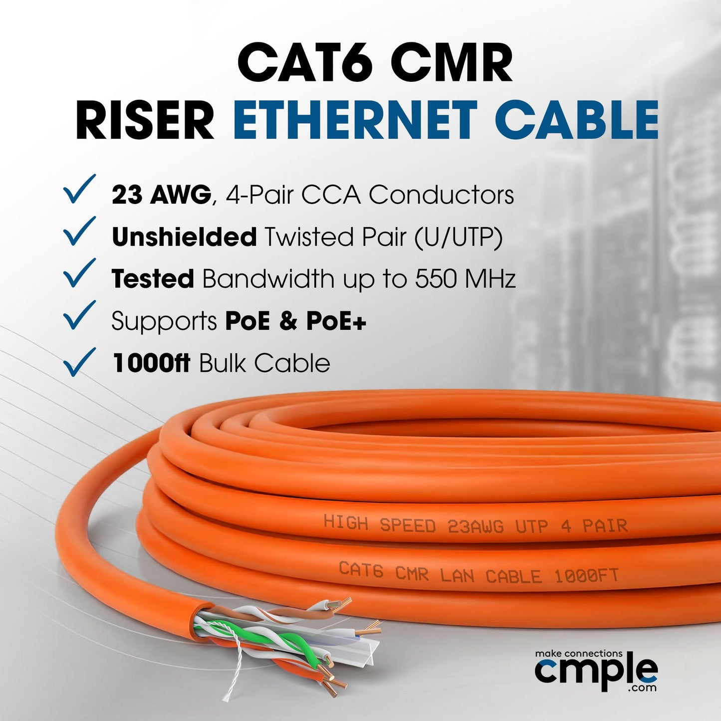Cmple - Cat6 Cable 1000ft Bulk Lan Ethernet Cat 6 Wire Network UTP 23AWG CMR Riser 10Gbps 550 MHz Pull Box 1000 Feet, Black