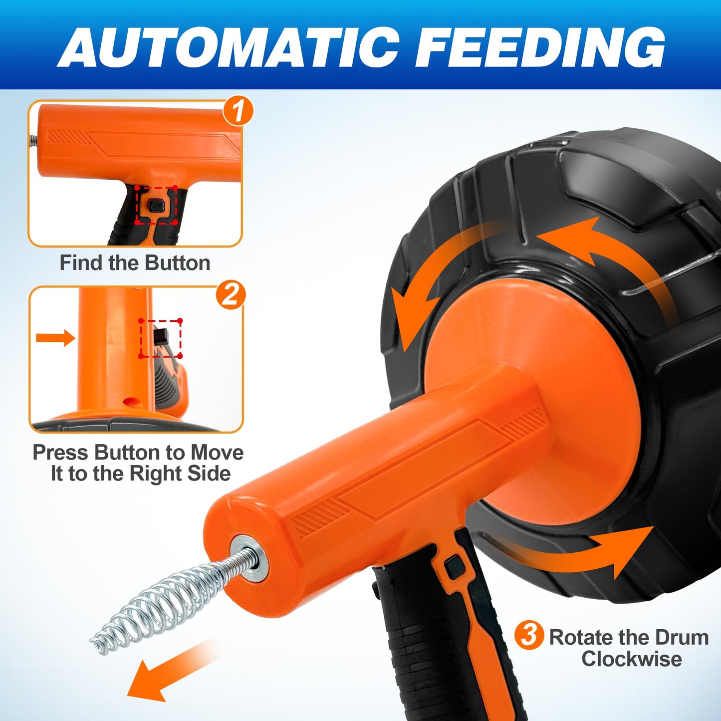 Drain Auger 33Ft, Auto-Feed Drain Snake Hair Drain Clog Remover Sink Auger | Drill Adapter for Quickly Unclogging, Long Flexible Plumbing Snake for Deep Pipe Clog, Bathroom Shower, Bathtub, Kitchen Sink