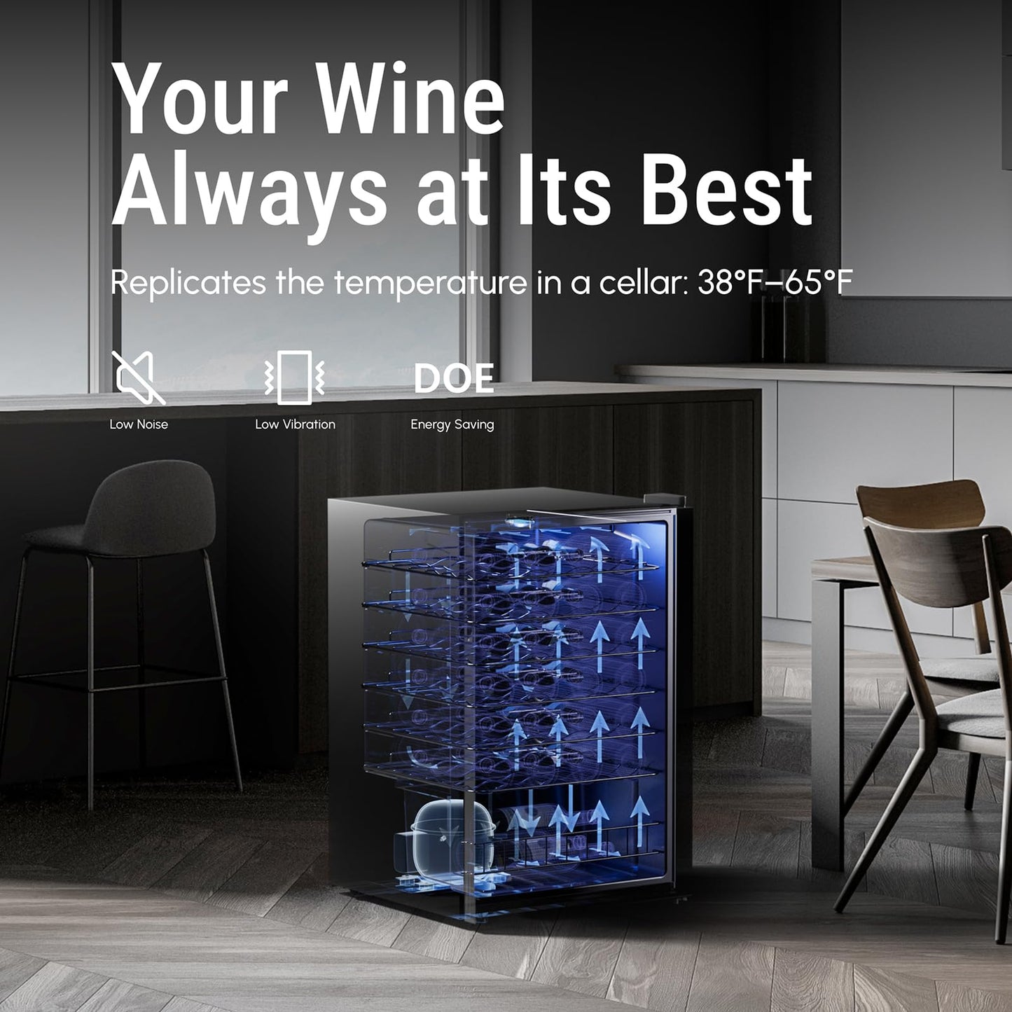 Yeego Wine Fridge – 34 Bottles Wine Cooler, 38–65℉ Digital Control with Double Glass Door & LED Light, Freestanding Wine Fridge Under Counter for Home Bar and Kitchen