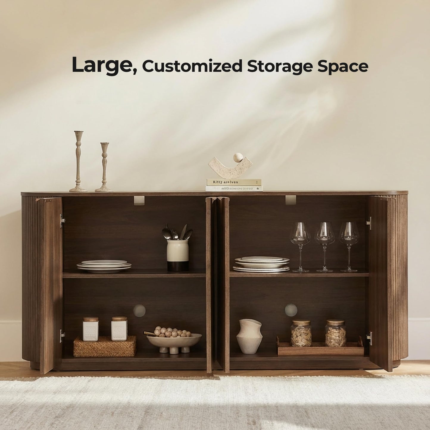 CHITA 70" Sideboard Buffet Cabinet with Storage, Fluted Accent Cabinet with Doors and Adjustable Shelves, Media Console for Living Room, Bar, Kitchen, 32" H, Walnut