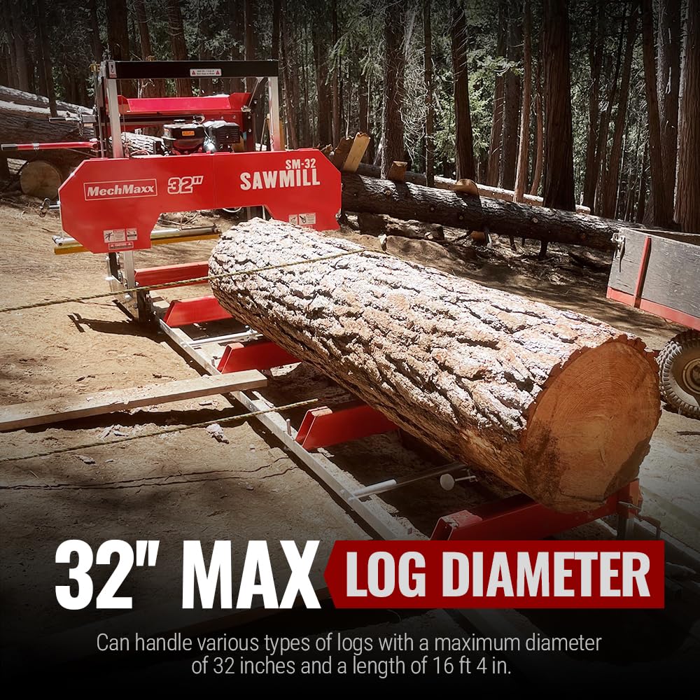 MechMaxx 32" Portable Sawmill, ZONSEN 459cc 15HP E-Start Gasoline Engine, 26.5" Board Width, 13' Track Length, Model SM-32