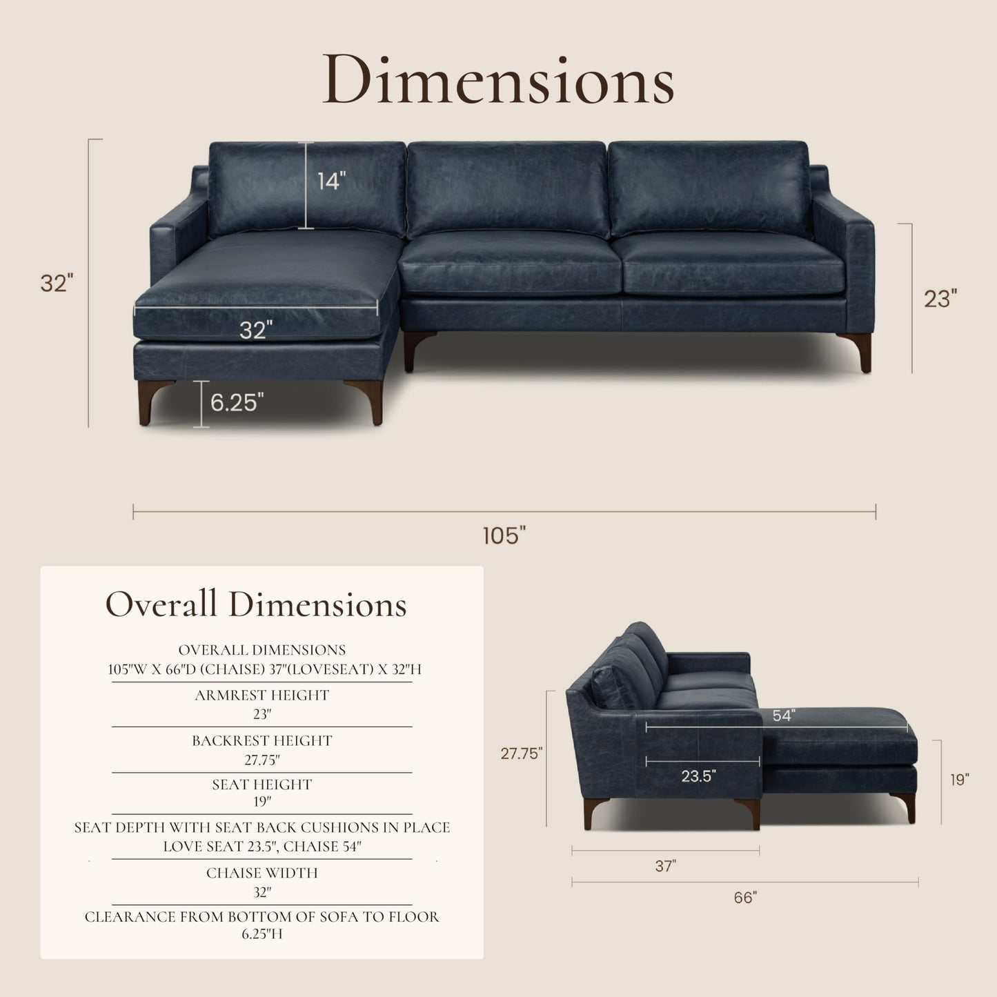 Poly & BARK Harper Left-Facing Leather Sleeper Sectional Sofa Cognac Tan– Full-Grain Aniline Leather, Sculptural Silhouette, Walnut-Finished Legs – Modern Statement Sofa for Living Spaces