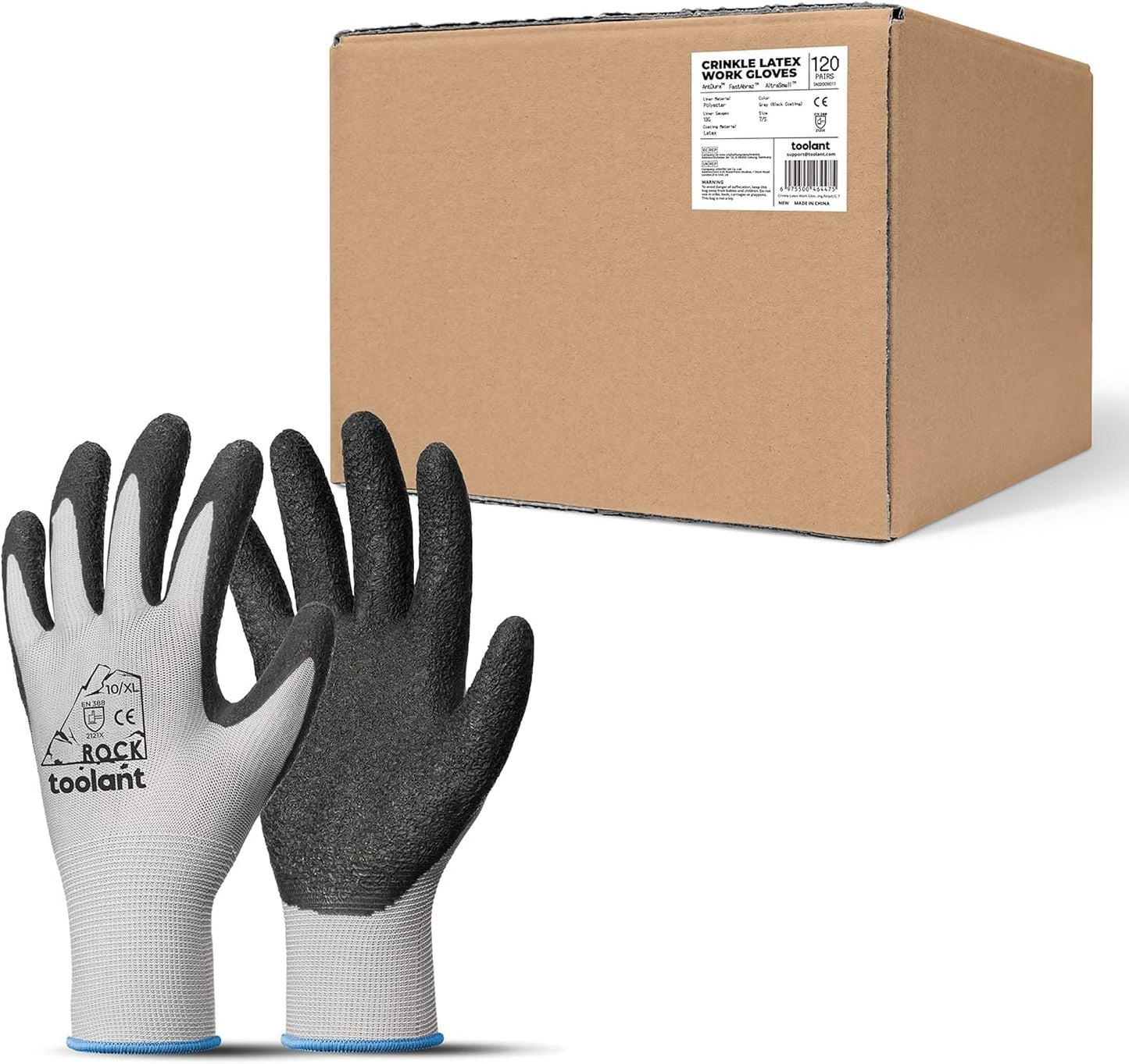toolant Crinkle Latex Work Gloves Bulk, Rubber Coated Safety Work Gloves for Men and Women, 12 Pairs for Construction, Gardening, Warehouse (Black, Large)