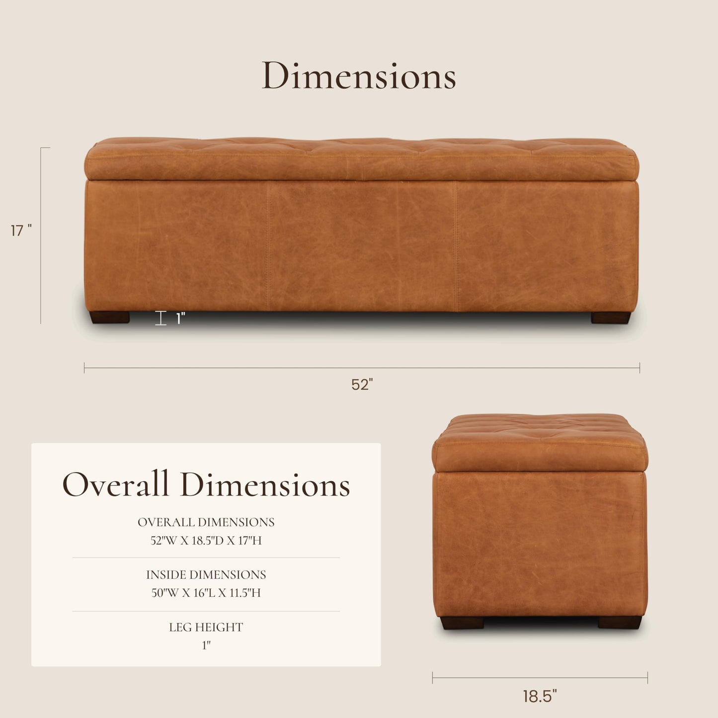 POLY & BARK Denver Ottoman – 43" Large Pouf with Feather-Down Topper – Full-Grain Leather Upholstered Pouf Ottoman for Living Room – Vintage Italian Leather in Cognac Tan