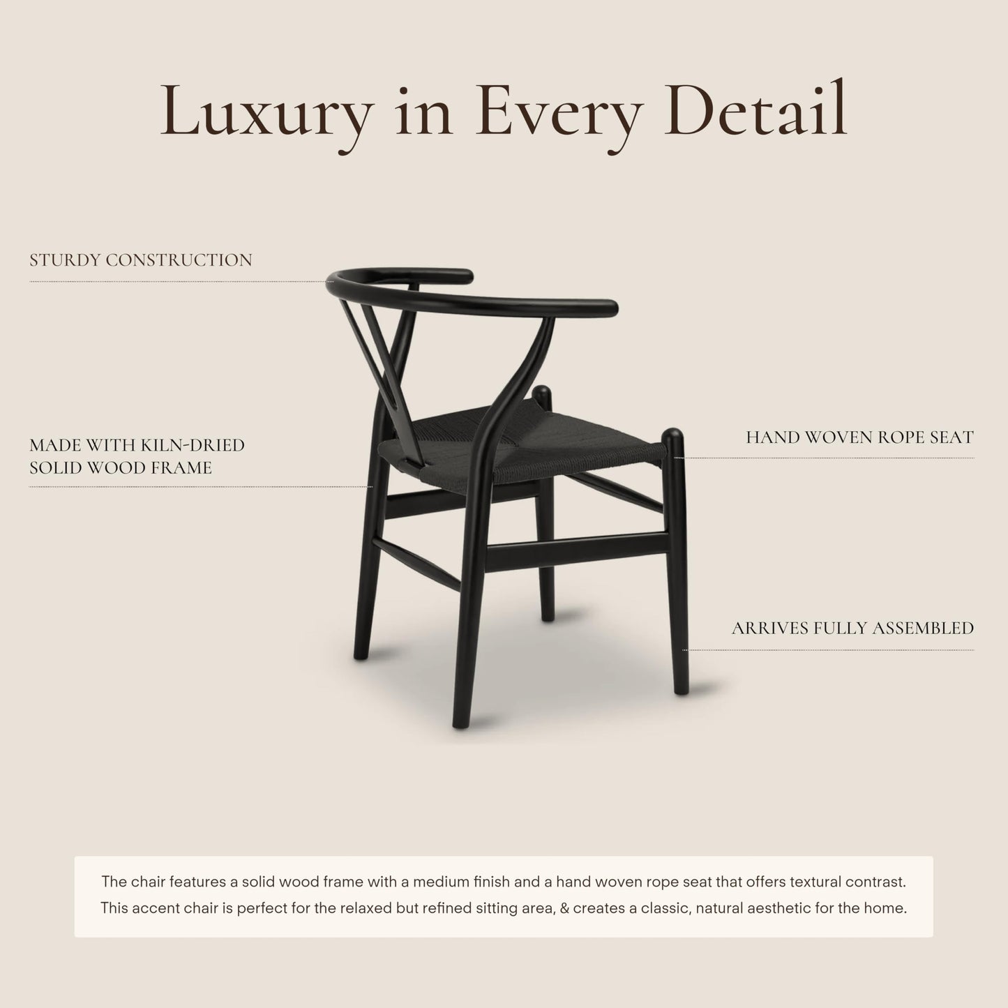 POLY & BARK Weave Dining Chair – Mid-Century Modern Wishbone Dining Chair with Arms, Solid Wood Frame, Indoor Use – Black – Single - Ideal for Dining Room, Kitchen or Stylish Accent Setting
