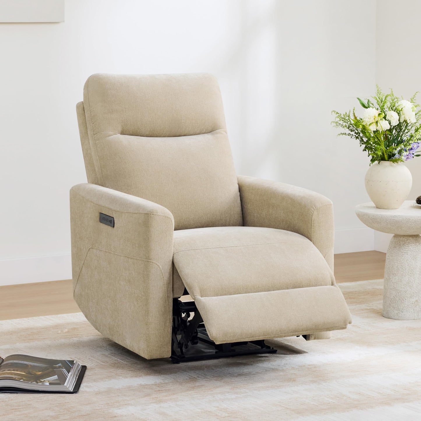 CHITA Genuine Leather Power Recliner Chair for Adults, Electric Wall Hugger Recliner for Small Spaces, Modern Living Room and RV Recliner Chair with Adjustable Power Headrest & Charging Ports, Brown