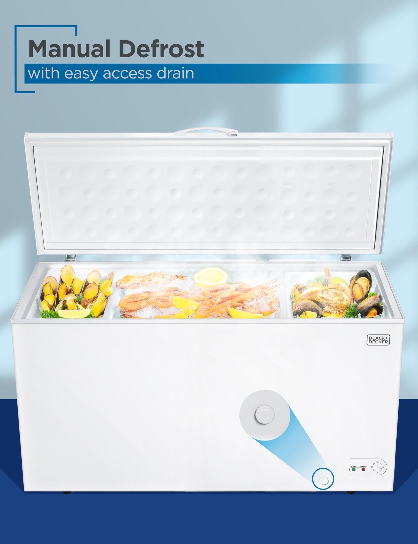 BLACK+DECKER 19.8 Cu. Ft. Chest Freezer, Deep Freezer with Top Opening, Freezer Chest with 2 Removable Storage Baskets, Mechanical Temperature Control, Manual Defrost, R600a Refrigerant,BCF1980E,White