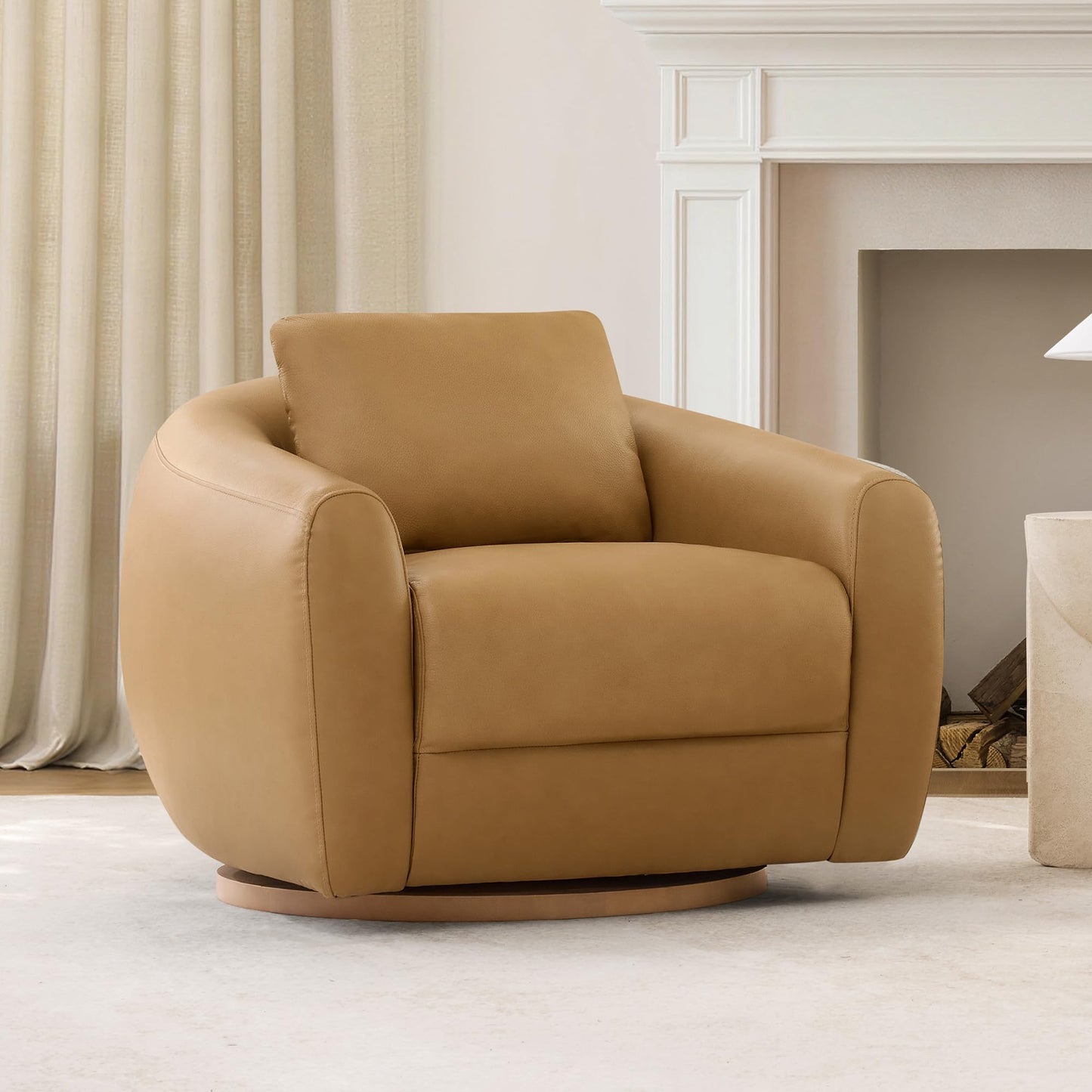 CHITA Genuine Leather Swivel Accent Chair, FSC Certified Mid Century Modern Arm Chair with Wood Base for Living Room and Bedroom, Fully Assembled, Sand