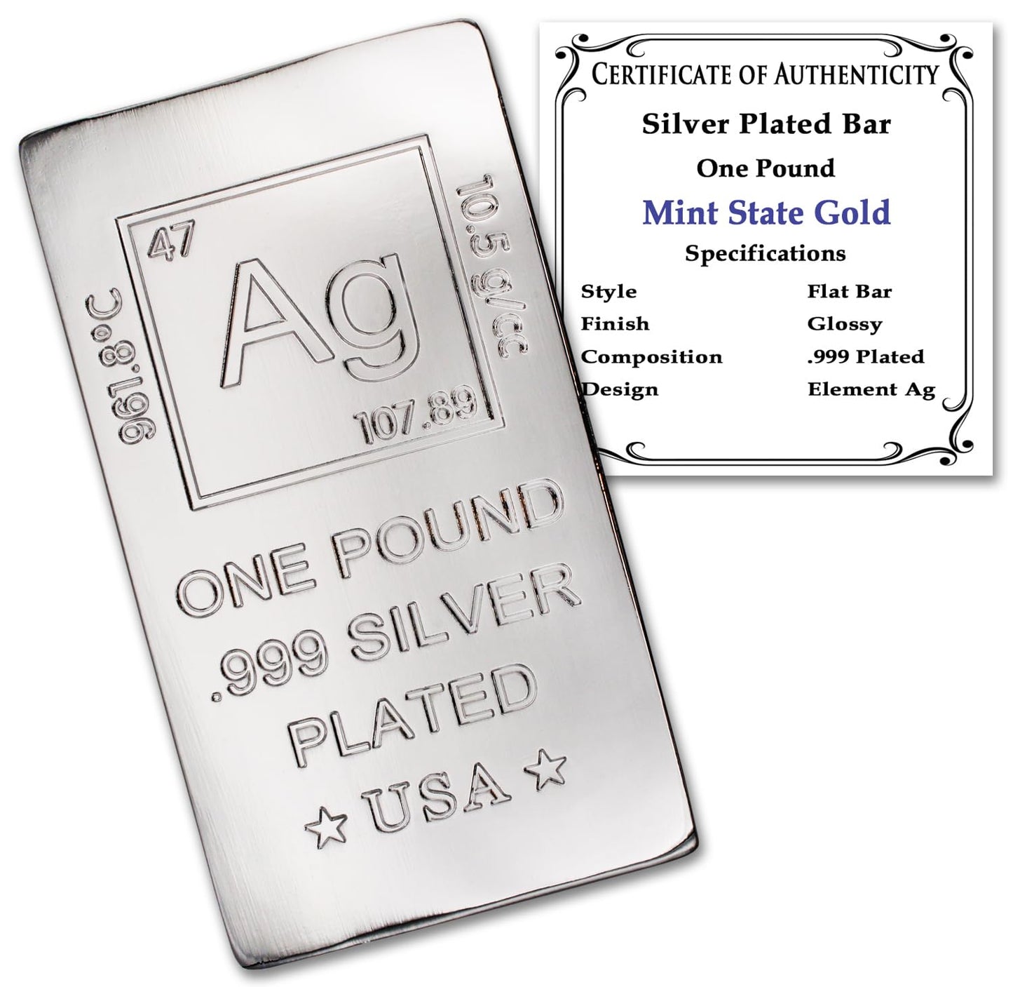 1 Pound Copper Bar Ingot Paperweight - 999 Pure Chemistry Element Design with Certificate of Authenticity by Mint State Gold