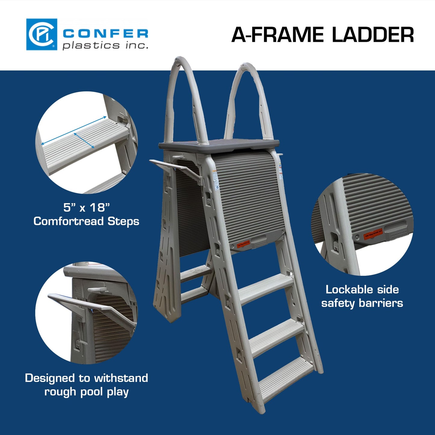 Confer Plastics 7200 Roll Guard fits Above-Ground Pool Heights from 48" to 56" A Frame Safety Ladder for Above Ground Outdoor Patio Swimming Pool Platform Ladder with Step Barrier Warm Grey