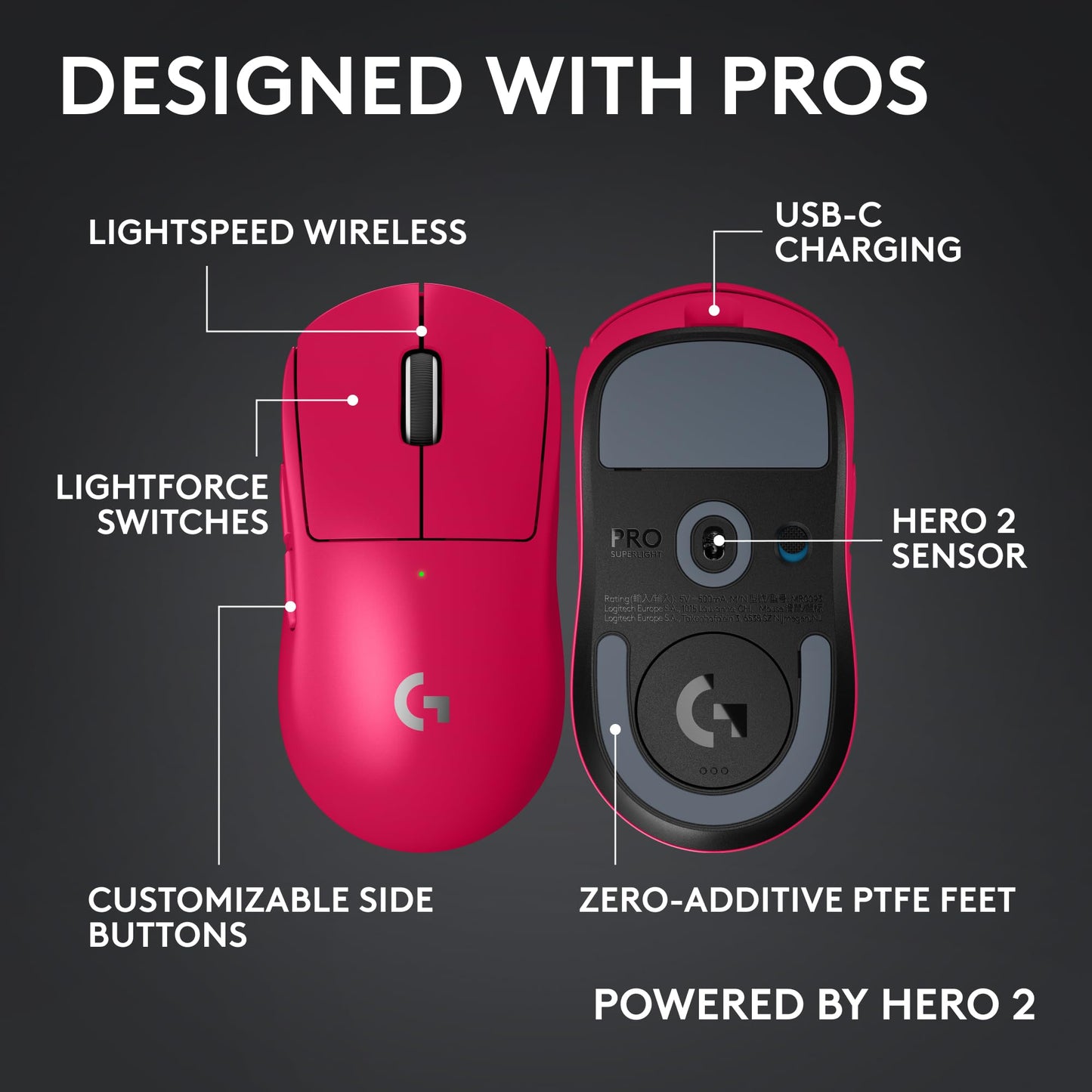 Logitech G PRO X Superlight 2 Wireless Gaming Mouse - Black | 60g, Symmetrical Shape, <8 kHz Polling, 44K DPI, PowerPlay Wireless Charging Supported, USB-C, 5 Buttons, For PC/Mac