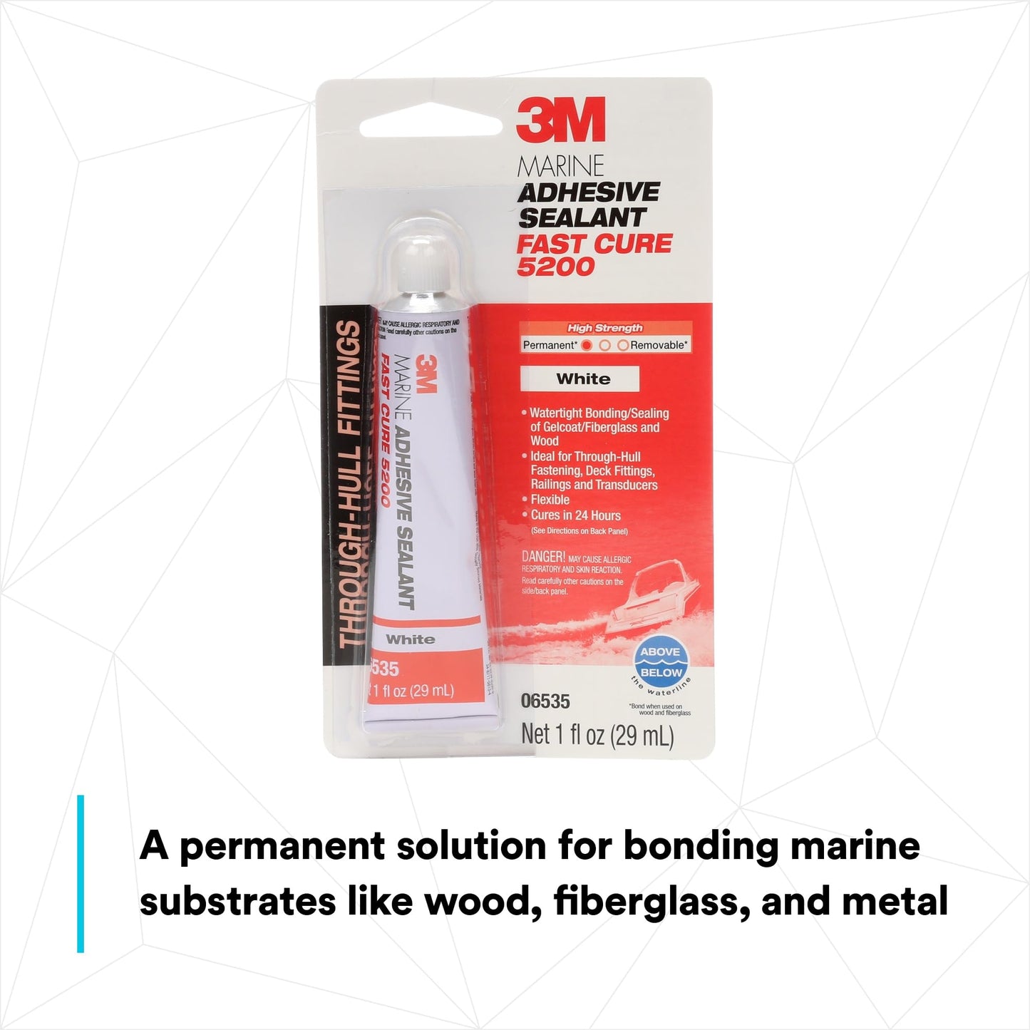 3M Marine Adhesive Sealant 5200FC Fast Cure, White, Flexible Bonds, Water-Resistant, 10 fl oz (295 mL) Cartridge with Nozzle, 1 Each