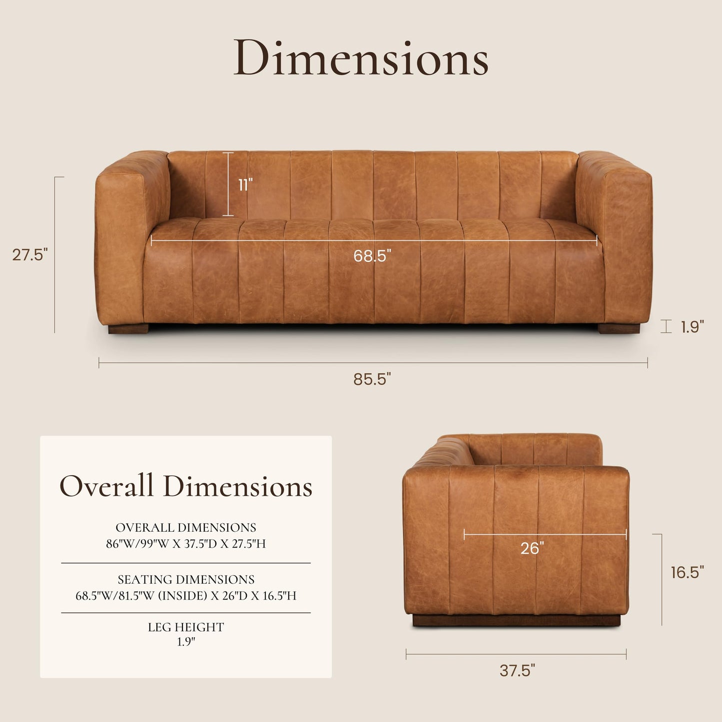 POLY & BARK Sorrento 86" Sofa – Cognac Tan Full-Grain Pure-Aniline Italian Leather, Feather-Down Cushions, Solid Wood Frame & Walnut Legs