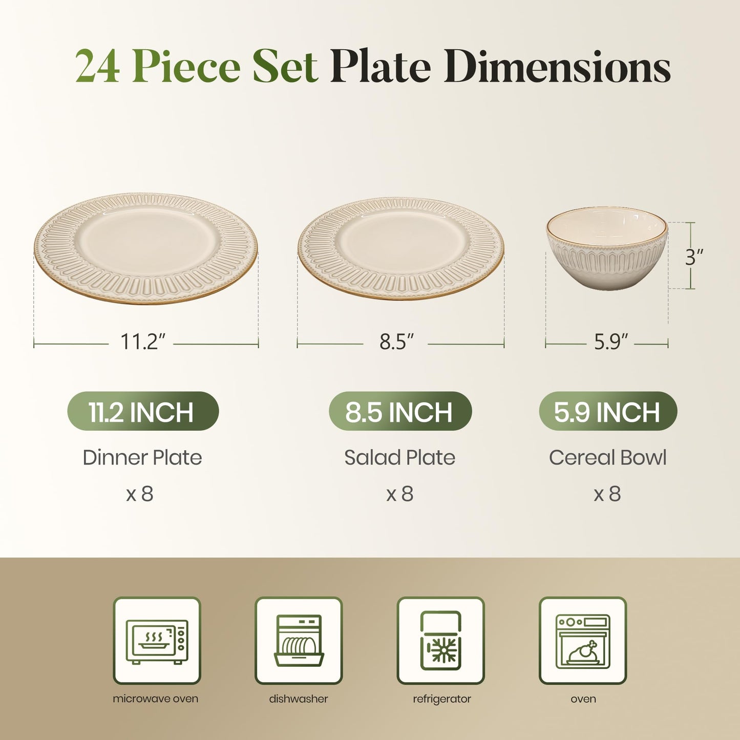 Kitchen Academy Stoneware Dinnerware Sets for 8, Embossed Ceramic Plates and Bowls Set, Beige Dishes