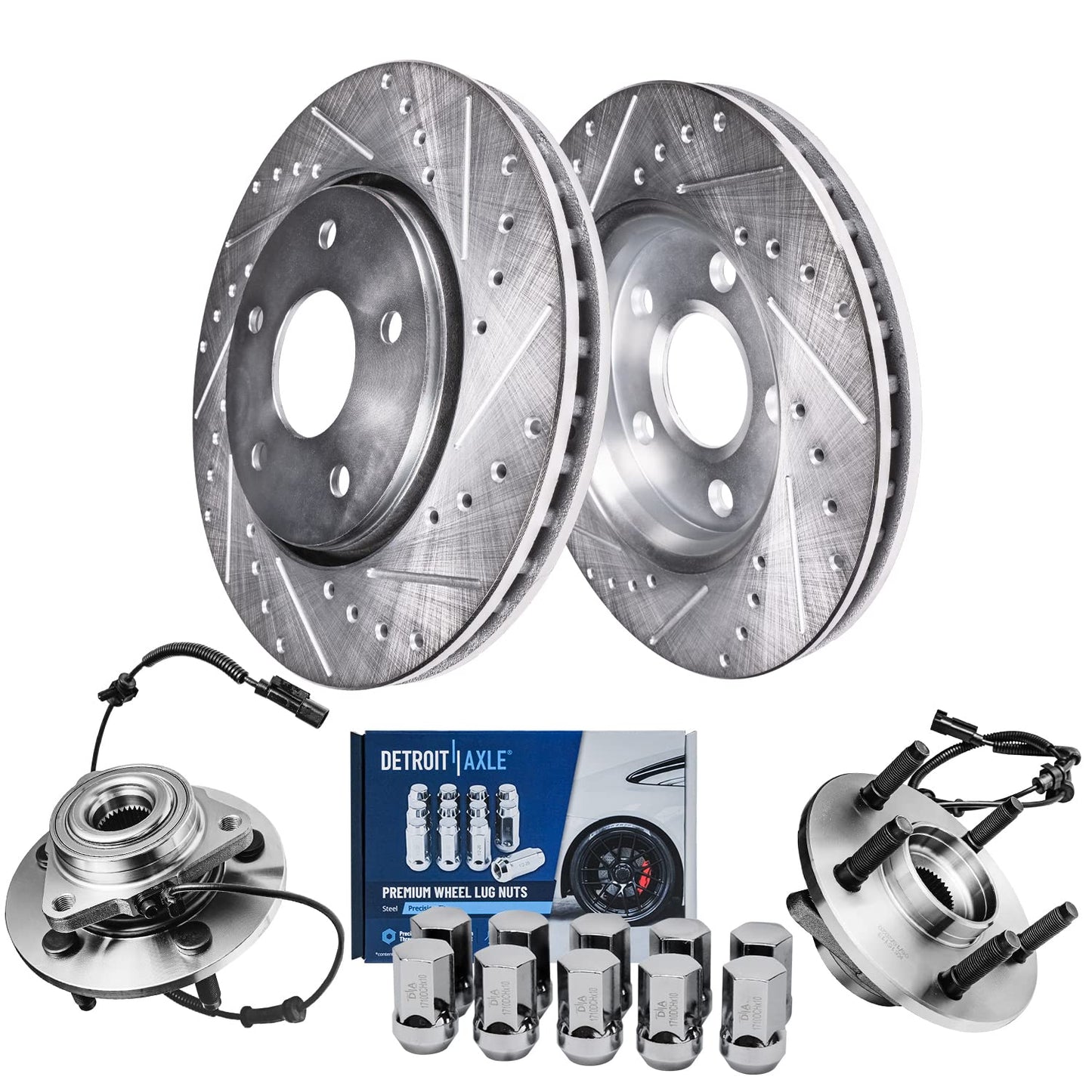 Detroit Axle - Front Brake Kit for Chevy GMC Silverado Suburban Sierra Savana Express 1500 Tahoe Yukon XL Cadillac Escalade ESV EXT Drilled Slotted Disc Brake Rotors Ceramic Brakes Pads Replacement