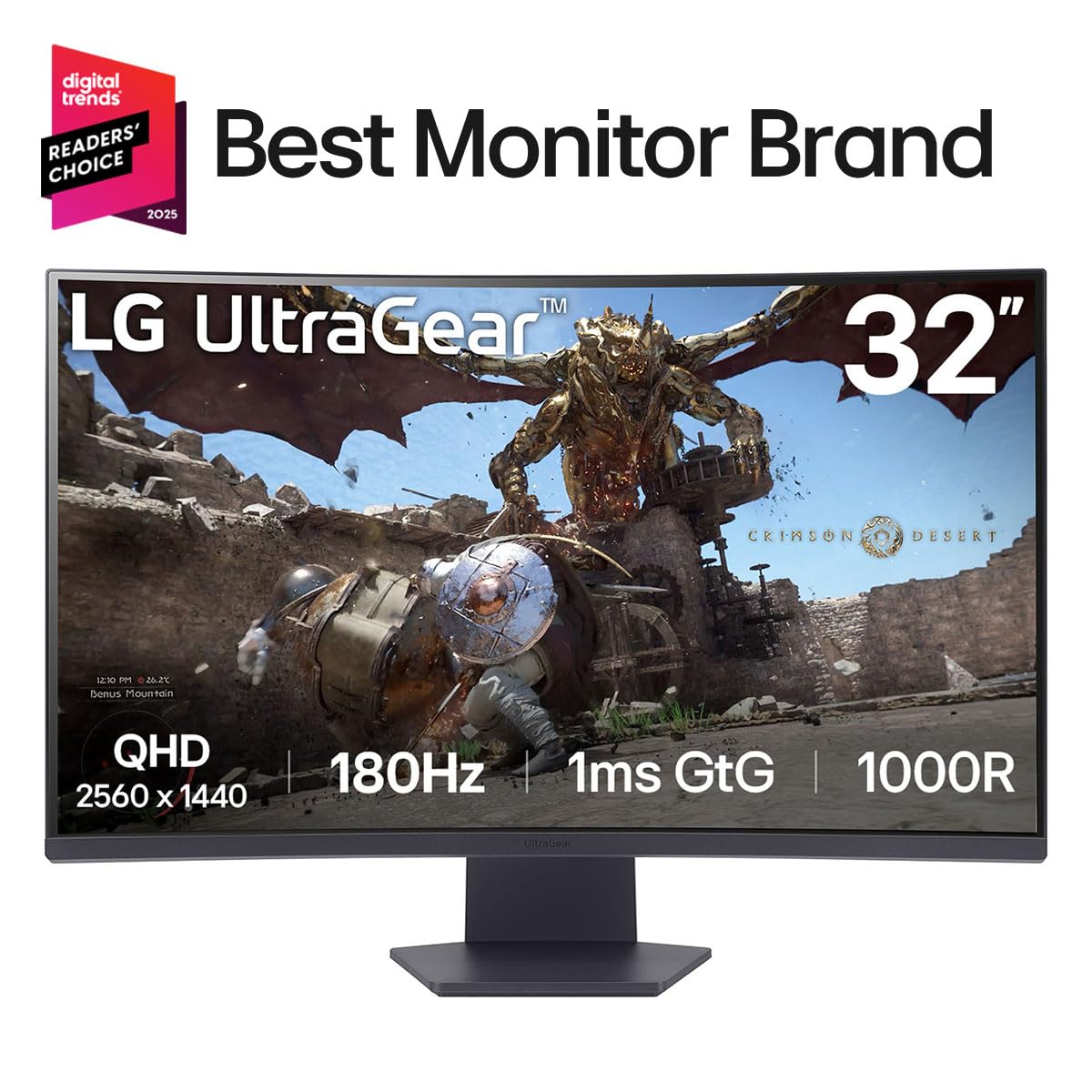 LG 27GS60QC-B Ultragear 27-inch Curved Gaming Monitor QHD (2560x1440) 180Hz 1ms 1000R AMD FreeSync HDR10 HDMIx2 DisplayPort Borderless Design Black Stabilizer DAS Crosshair FPS Counter - Black