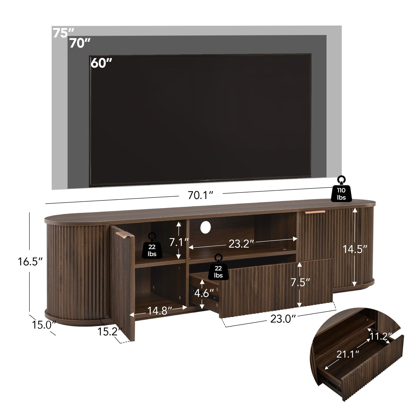 CHITA 70" Fluted TV Stands for Living Room for TVs Up to 80", Mid Century Modern Entertainment Center with Drawers, TV Console for Living Room with Storage and Adjustable Shelves, Walnut