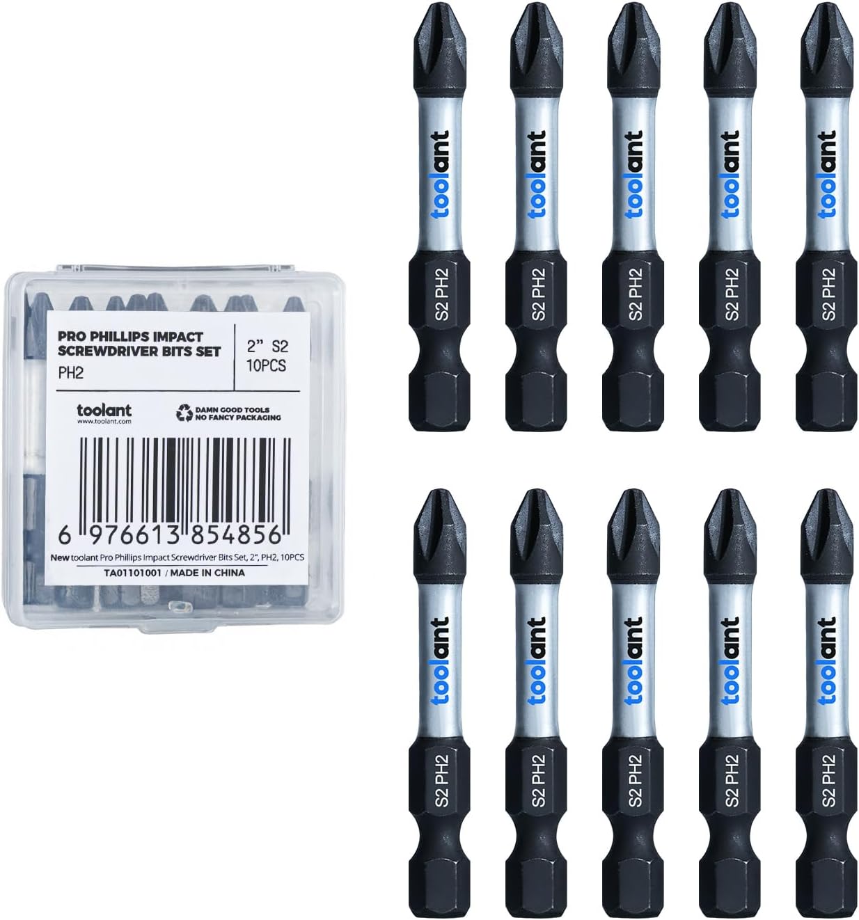 toolant 2 Inch Phillips Bit#2 Magnetic Anti Slip Impact Screwdriver Bits Set(10Pack)